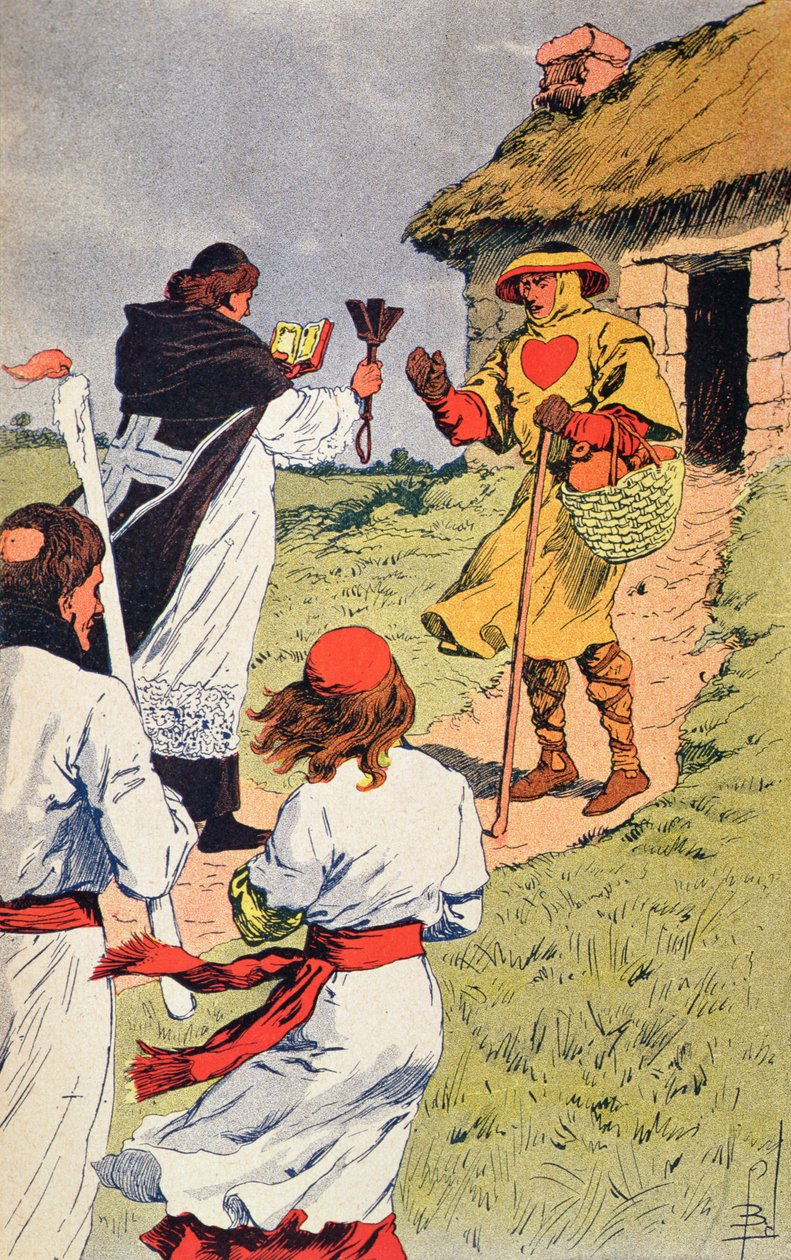 Sacerdote visitando um leproso na Idade Média, ilustração de 