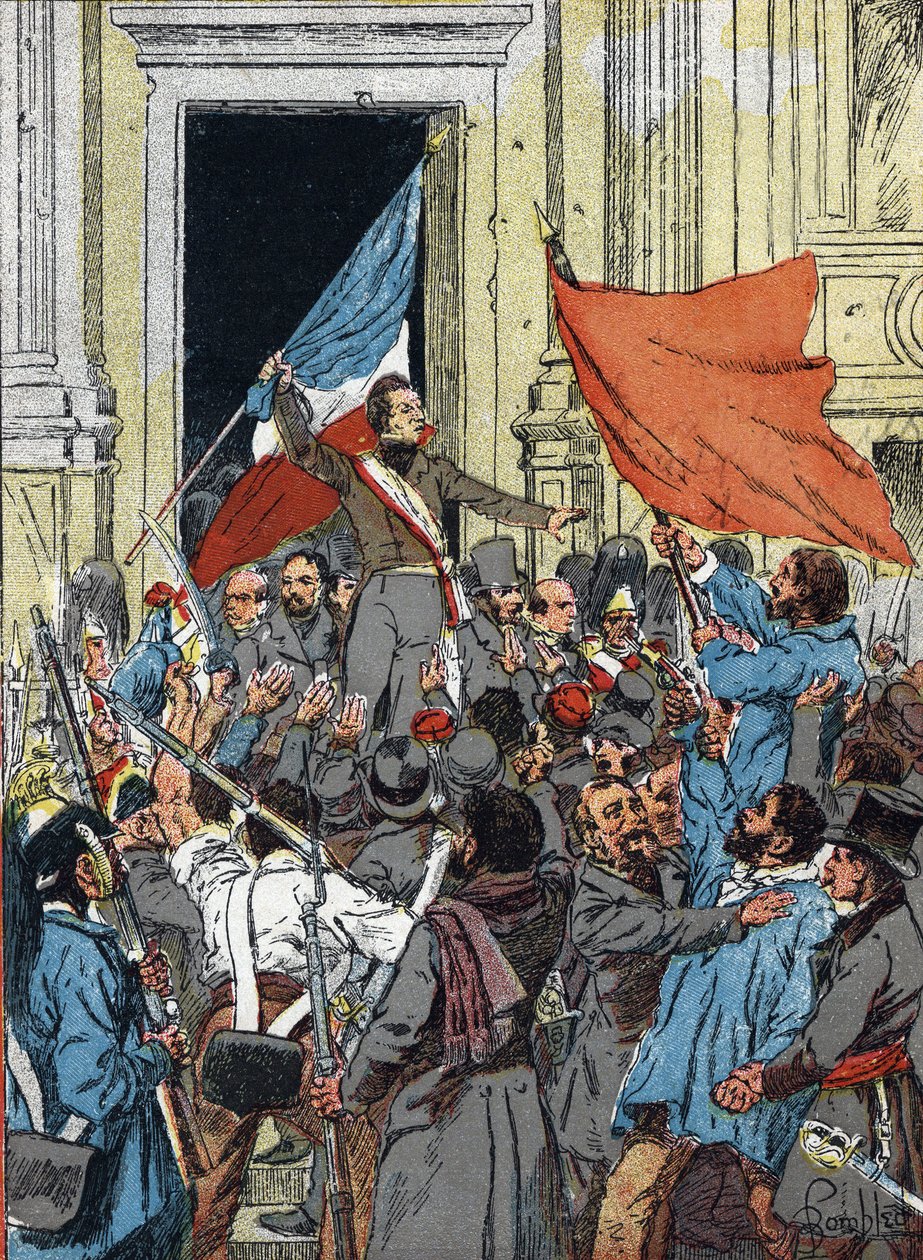 Proclamação da Segunda República, Revolução de 1848: Alphonse de Lamartine (1790-1869), recusando a bandeira vermelha como emblema da República e preferindo-a a bandeira tricolor, durante um discurso na Câmara Municipal de Paris, 25 de Fevereiro de Louis Charles Bombled