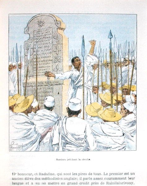 Feiticeiros pregando revolta contra a França após a ocupação francesa de Madagascar em 1895, ilustração de "La guerre a Madagascar" de D.H.Galli, final do século XIX (cor litho) de Louis Charles Bombled
