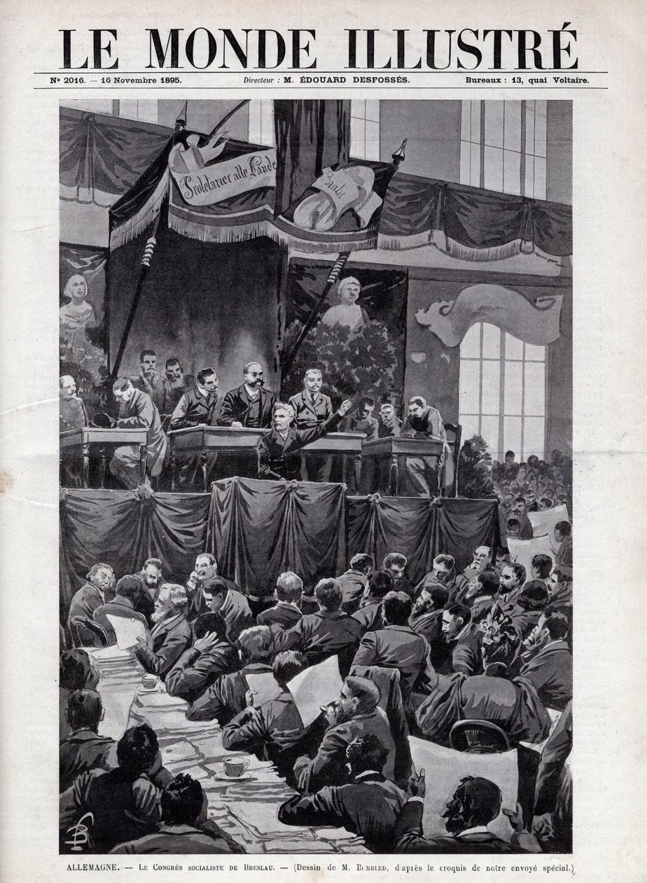 Discurso por August Bebel (1840-1913) durante o Congresso Socialista de Breslau na ALEMANHA em 1895 - Gravura em "O Mundo Ilustrado" de 1895 - Desenho de Bombardeado. de Louis Charles Bombled