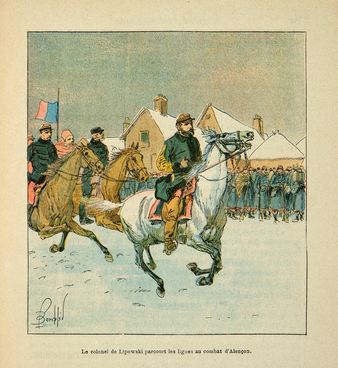 A Armee of the Loire de Eugene Sergeant, dit Grenest, ilustrada por Louis Bombled (1862-1927) (Guerra Franco-Alemã; campanha de 1870-1871): O Coronel Lipowski viaja pelas linhas de batalha de Alencon em janeiro de 1871, Coleção Privada de Louis Charles Bombled