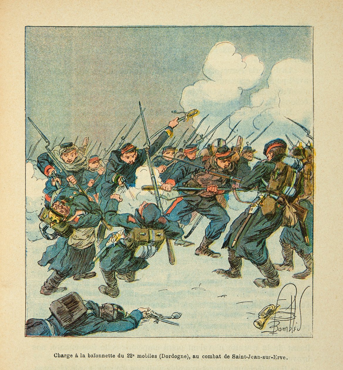 A Arma do Loire por Eugene Sergeant, conhecido como Grenest, ilustrado por Louis Bombled (1862-1927) (Guerra Franco-Alemã; campanha de 1870-1871): carga ao baionete do 22º móvel (Dordogne) na batalha de Saint Jean sur Evre em Janeiro de 1871, P de Louis Charles Bombled