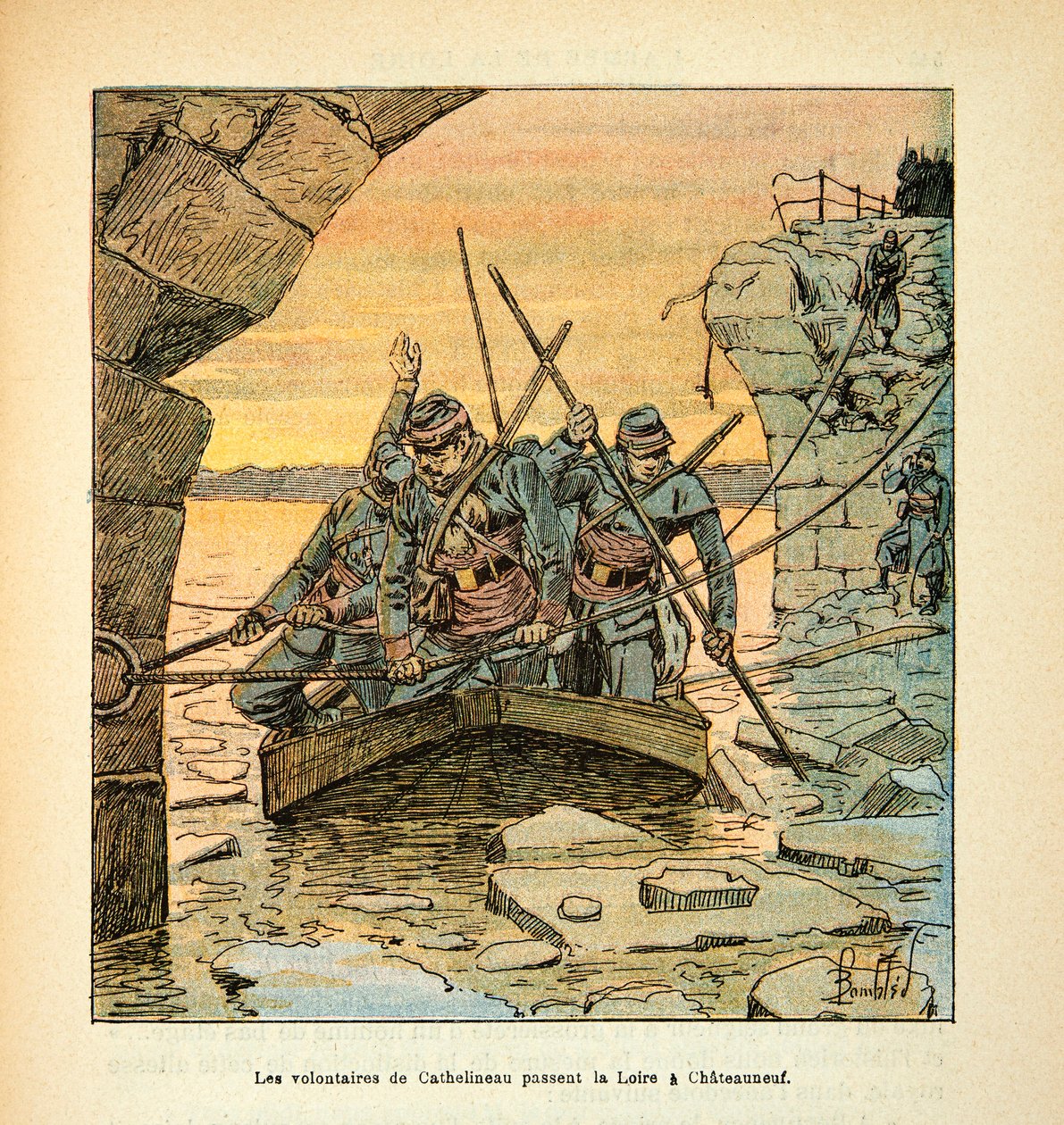 A Armee of the Loire de Eugene Sergent, dit Grenest, ilustrada por Louis Bombled (1862-1927) (Guerra Franco-Alemã; campanha de 1870-1871): O General Cathelineau, comandante dos atiradores franco-alemães de Vendee, passou o Loire para Chateauneuf em dezembr de Louis Charles Bombled