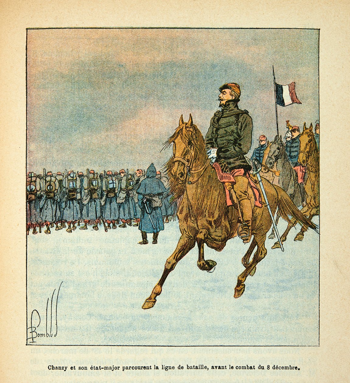 A Arma do Loire por Eugene Sergent, conhecido como Grenest, ilustrado por Louis Bombled (1862-1927) (Guerra Franco-Alemã; campanha de 1870-1871): O General Chanzy e sua equipe viajam na linha de batalha antes dos combates de 8 de dezembro de 1870, Coleção  de Louis Charles Bombled