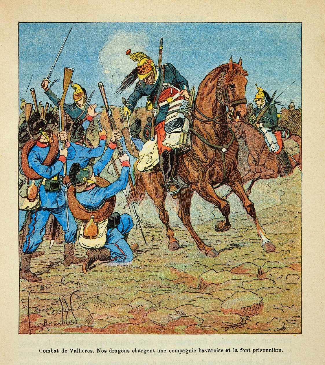 A Arma do Loire por Eugene Sergent, conhecido como Grenest, ilustrado por Louis Bombled (1862-1927) (Guerra Franco-Alemã; campanha de 1870 -1871): Batalha de Vallieres em novembro de 1870, dragões franceses acusam uma companhia bávara e a fazem prisioneira de Louis Charles Bombled