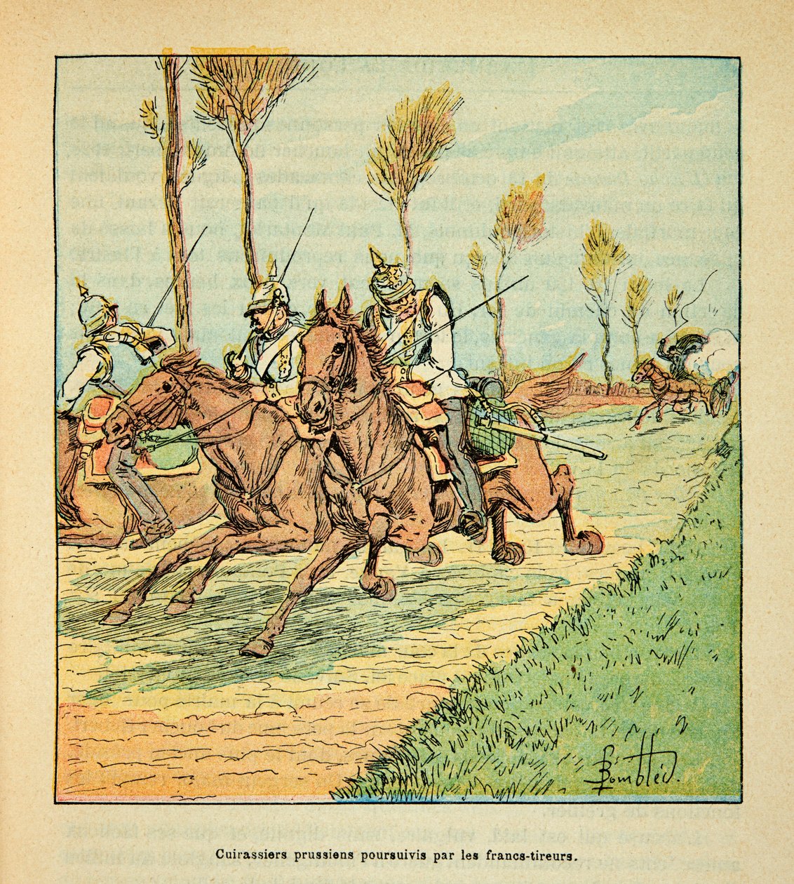 A Arma do Loire por Eugene Sergent, conhecido como Grenest, ilustrado por Louis Bombled (1862-1927) (Guerra Franco-Alemã; campanha de 1870 -1871): Cuirassiers prussianos perseguidos pelos Freicistas em outubro de 1870, Coleção Privada de Louis Charles Bombled