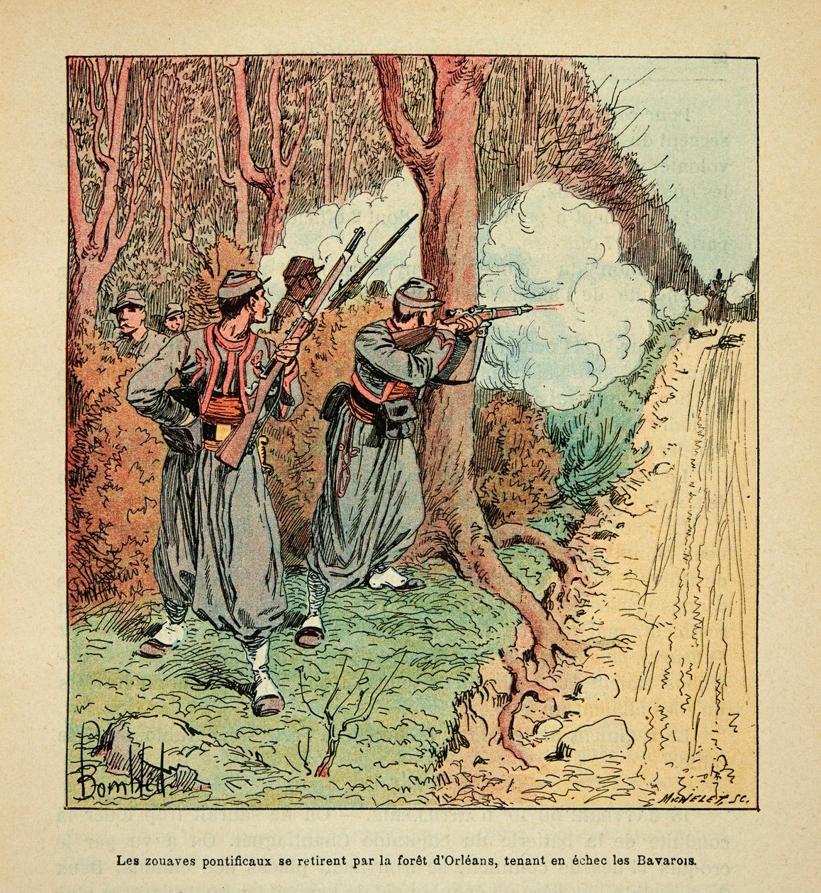 A Arma do Loire por Eugene Sergent, conhecido como Grenest, ilustrado por Louis Bombled (1862-1927) (Guerra Franco-Alemã; campanha de 1870-1871): Guerra de Orleans, o Pontifício Zouaves retirou-se pela floresta de Orleans segurando os bávaros no xadrez em de Louis Charles Bombled