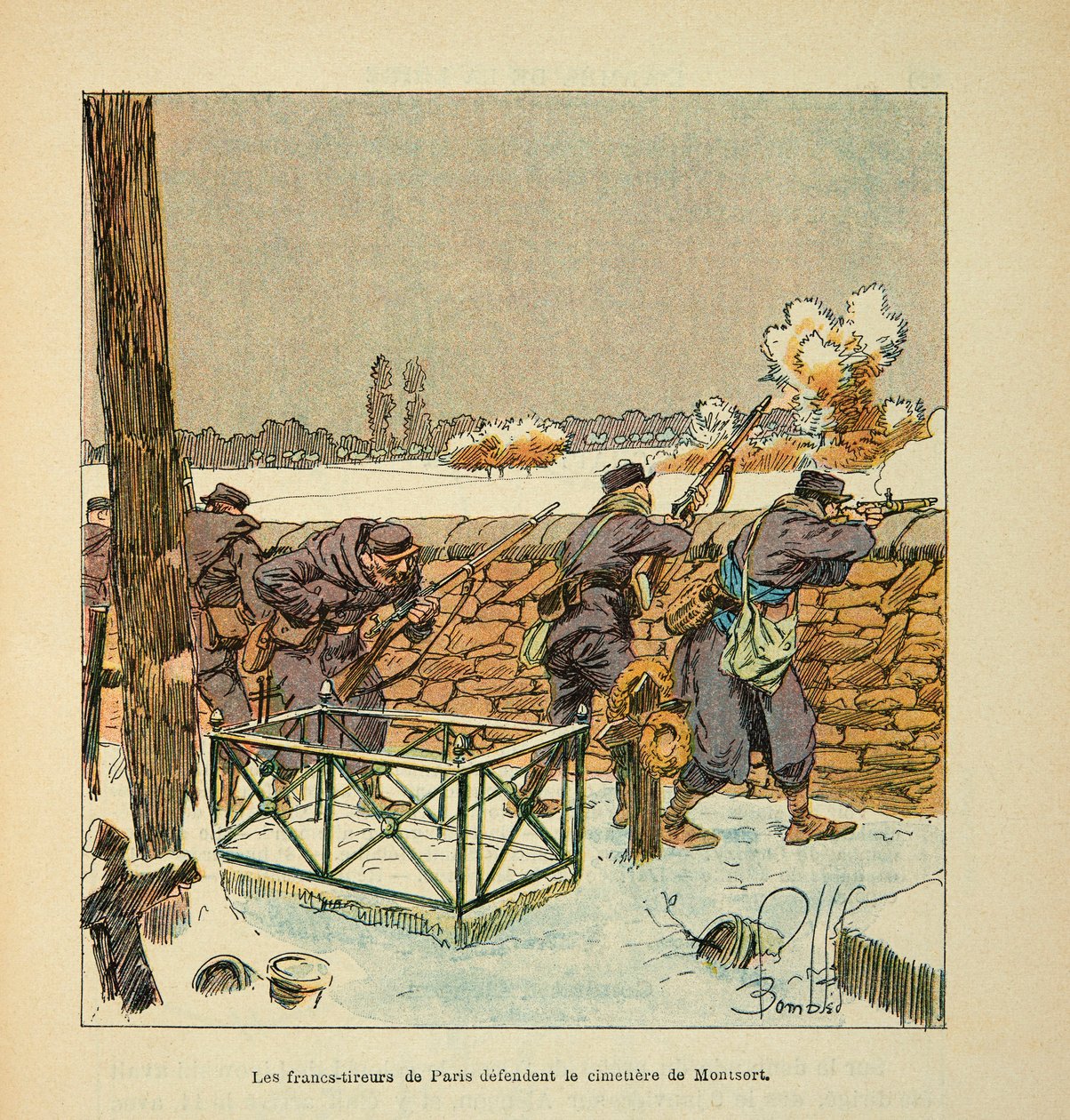 A Arma do Loire por Eugene Sergent, conhecido como Grenest, ilustrado por Louis Bombled (1862-1927) (Guerra Franco-Alemã; campanha de 1870 -1871): Os atiradores franceses de Paris defendem o cemitério de Montsort (Alencon) em janeiro de 1871, Coleção Parti de Louis Charles Bombled