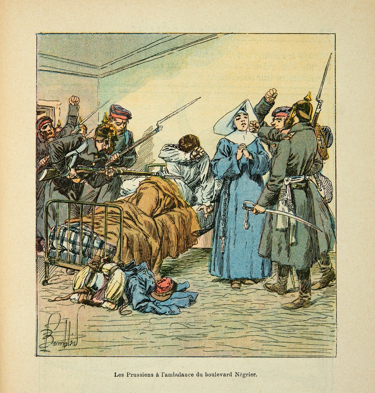 A Arma do Loire por Eugene Sergent, conhecido como Grenest, ilustrado por Louis Bombled (1862-1927) (Guerra Franco-Alemã; campanha de 1870 -1871): Prussianos na ambulância do Boulevard Negrier au Mans em janeiro de 1871, Coleção Privada de Louis Charles Bombled