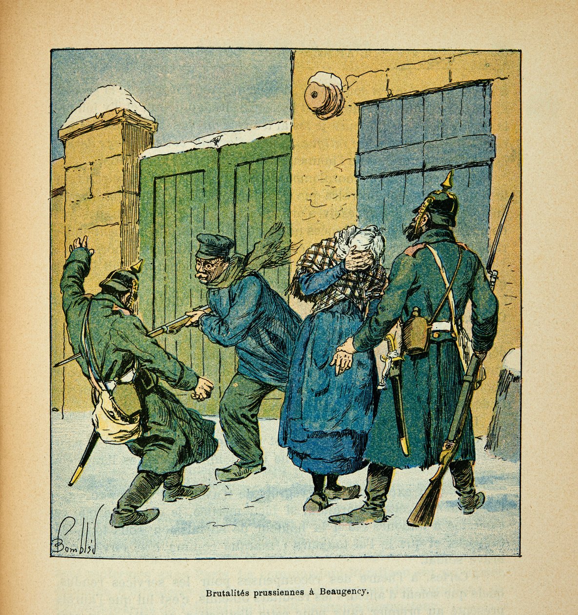 A Arma do Loire por Eugene Sergent, conhecido como Grenest, ilustrado por Louis Bombled (1862-1927) (Guerra Franco-Alemã; campanha de 1870-1871): Em Beaugency, os habitantes se defendem contra os brutos prussianos em dezembro de 1870, Private Collec de Louis Charles Bombled