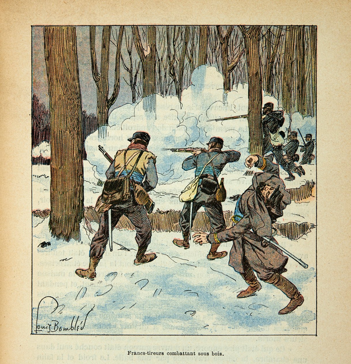 A Arma do Loire por Eugene Sergent, conhecido como Grenest, ilustrado por Louis Bombled (1862-1927) (Guerra Franco-Alemã; campanha de 1870 -1871): Atiradores de Francos Lutador francês sob madeira, Coleção Privada de Louis Charles Bombled