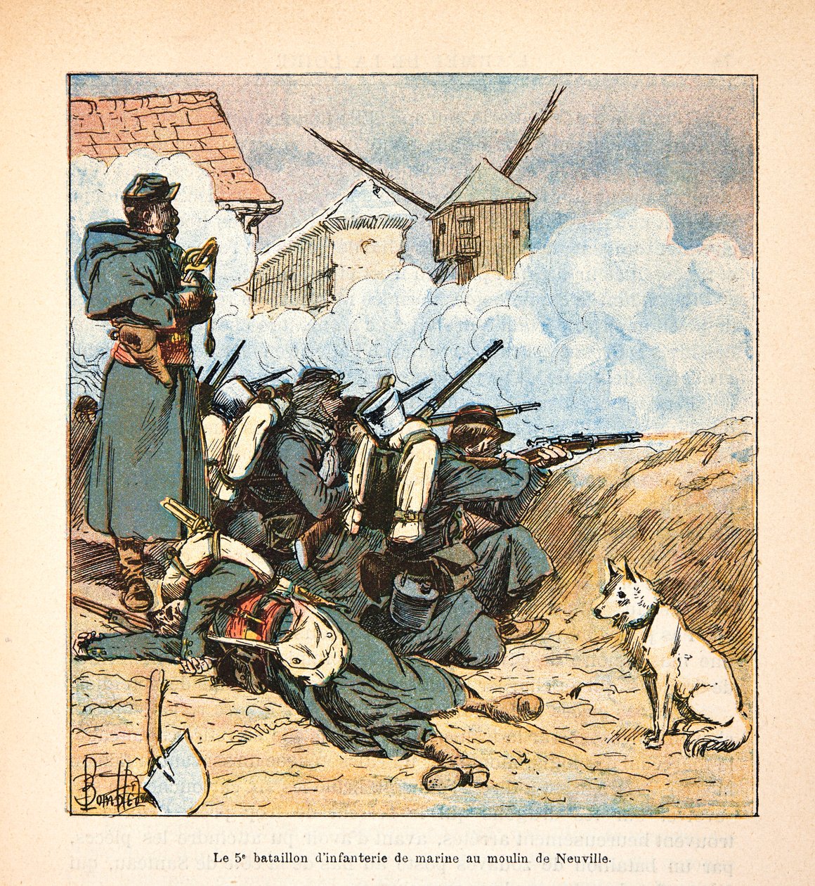 A Arma do Loire por Eugene Sergent, conhecido como Grenest, ilustrado por Louis Bombled (1862-1927) (Guerra Franco-Alemã; campanha de 1870 -1871): O 5º batalhão de infantaria naval do moinho de Neuville aux bois em dezembro de 1870, coleção privada de Louis Charles Bombled