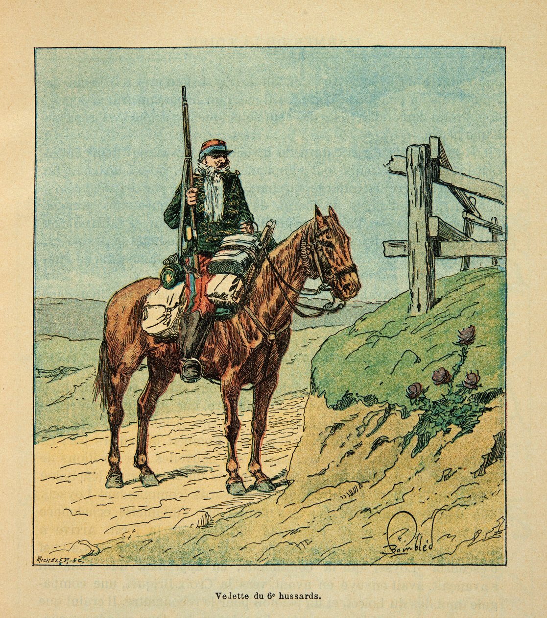 A Arma do Loire por Eugene Sergent, conhecido como Grenest, ilustrado por Louis Bombled (1862-1927) (Guerra Franco-Alemã; campanha de 1870 -1871): Estrela do 6° Hussardos, engajada durante a batalha de Toury em outubro de 1870, Coleção Privada de Louis Charles Bombled
