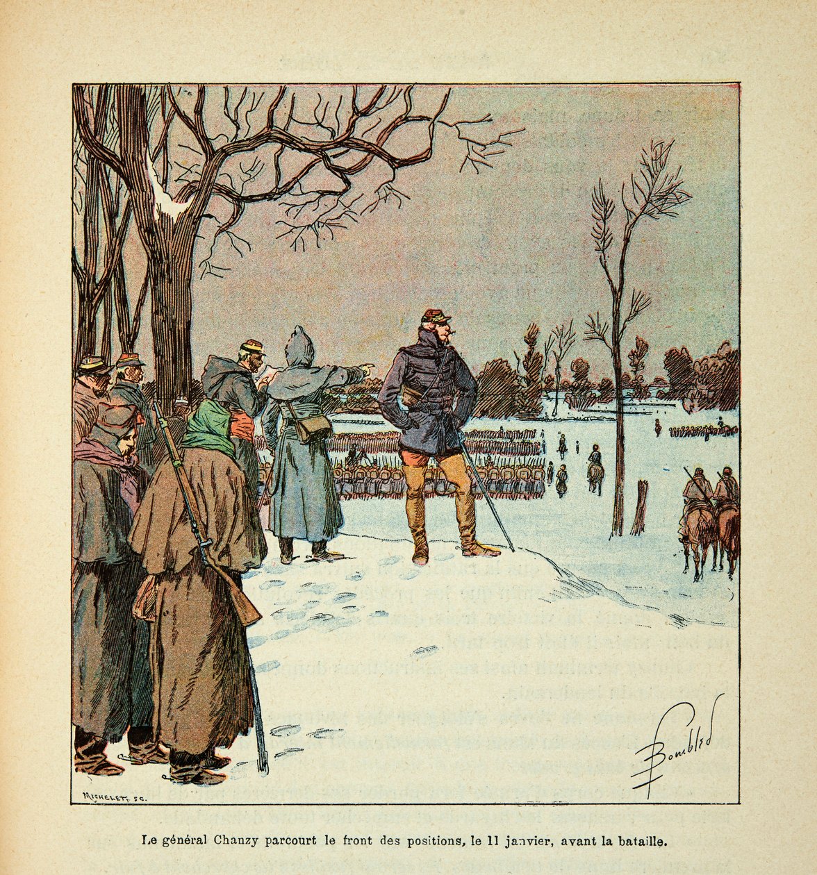 A Arma do Loire por Eugene Sergent, conhecido como Grenest, ilustrado por Louis Bombled (1862-1927) (Guerra Franco-Alemã; campanha de 1870 -1871): O General Chanzy viaja na frente das posições em 11 de janeiro antes da batalha, Coleção Privada de Louis Charles Bombled
