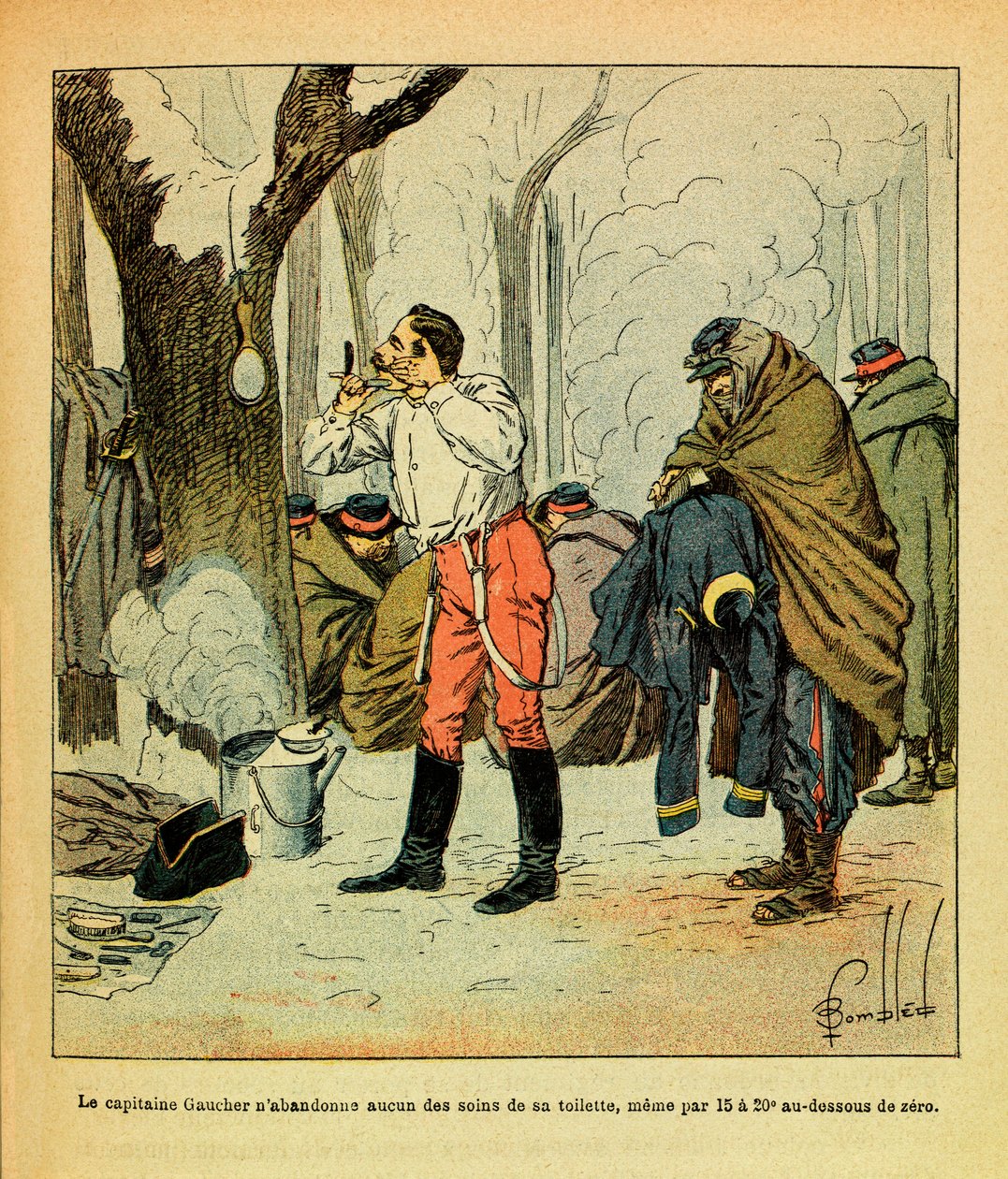 The Eastern Armee of Eugene Sergeant, dit Grenest, ilustrado por Louis Bombled (1862-1927) (Guerra Franco-Alemã; campanha de 1870-1871): O Capitão Gaucher não abdica de nenhum dos cuidados com a sua casa de banho mesmo em pleno Inverno, Colecção Privada de Louis Charles Bombled