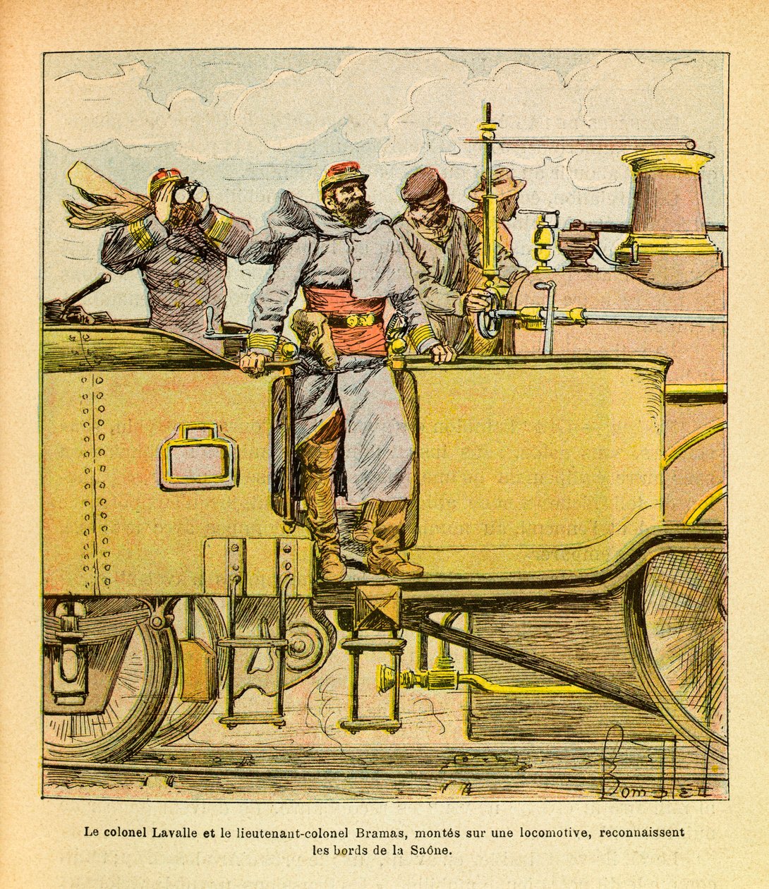 The Eastern Armee of Eugene Sergeant, dit Grenest, ilustrado por Louis Bombled (1862-1927) (Guerra Franco-Alemã; campanha de 1870-1871): Em Dezembro de 1870 o Coronel Lavalle e o Tenente Coronel Bramas montados numa locomotiva reconheceram as margens do Sa de Louis Charles Bombled