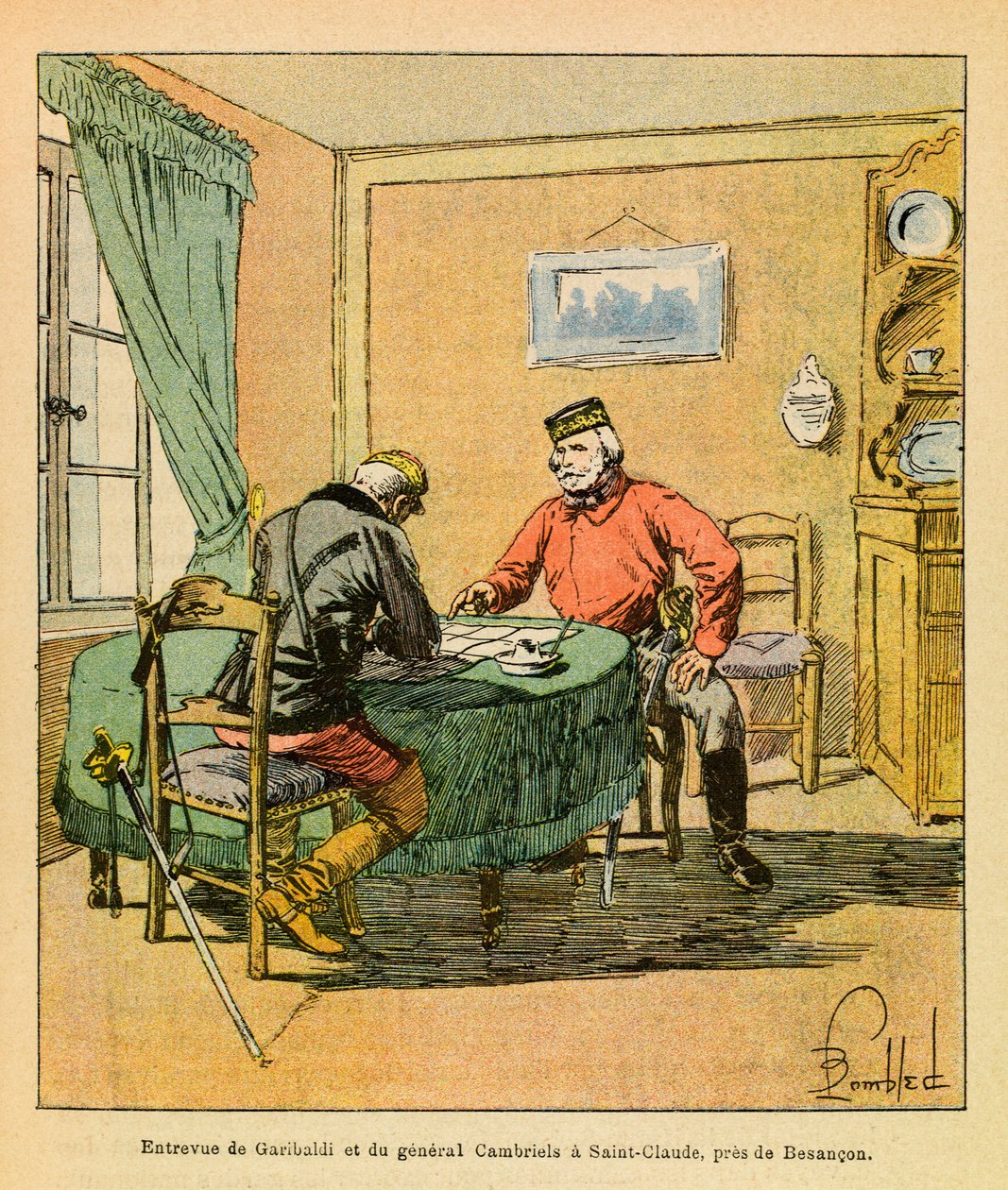 The Eastern Armee of Eugene Sergeant, dit Grenest, ilustrado por Louis Bombled (1862-1927) (Guerra Franco-Alemã; campanha de 1870-1871): Entrevista de Garibaldi e General Cambriels em Saint Claude, perto de Besancon, em outubro de 1870, Coleção Privada de Louis Charles Bombled