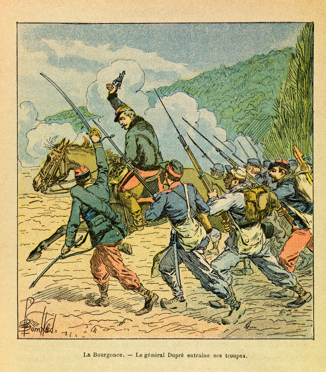 The Eastern Armee of Eugene Sergeant, dit Grenest, ilustrado por Louis Bombled (1862-1927) (Guerra Franco-Alemã; campanha de 1870-1871): O General Dupre tem a cabeça de seus homens na Batalha de La Bourgonce em outubro de 1870, Coleção Privada de Louis Charles Bombled