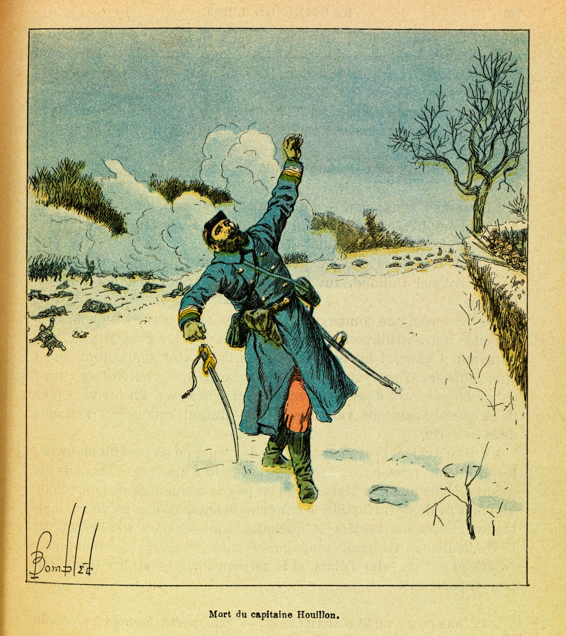 A Armee Oriental do Sargento Eugene, dit Grenest, ilustrada por Louis Bombled (1862-1927) (Guerra Franco-Alemã; campanha de 1870 -1871): Janeiro de 1871, Hericourt, morte do Capitão Houillon, Coleção Privada de Louis Charles Bombled