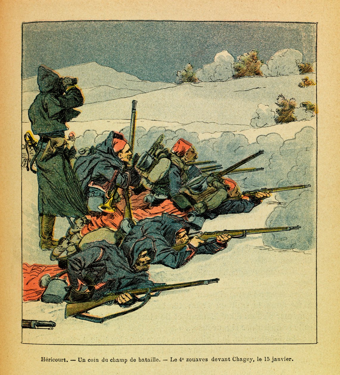 A Armee Oriental do Sargento Eugene, dit Grenest, ilustrada por Louis Bombled (1862-1927) (Guerra Franco-Alemã; campanha de 1870-1871): Hericourt, um canto do campo de batalha; a 4ª Zouave antes de Chagey em 15 de janeiro de Louis Charles Bombled