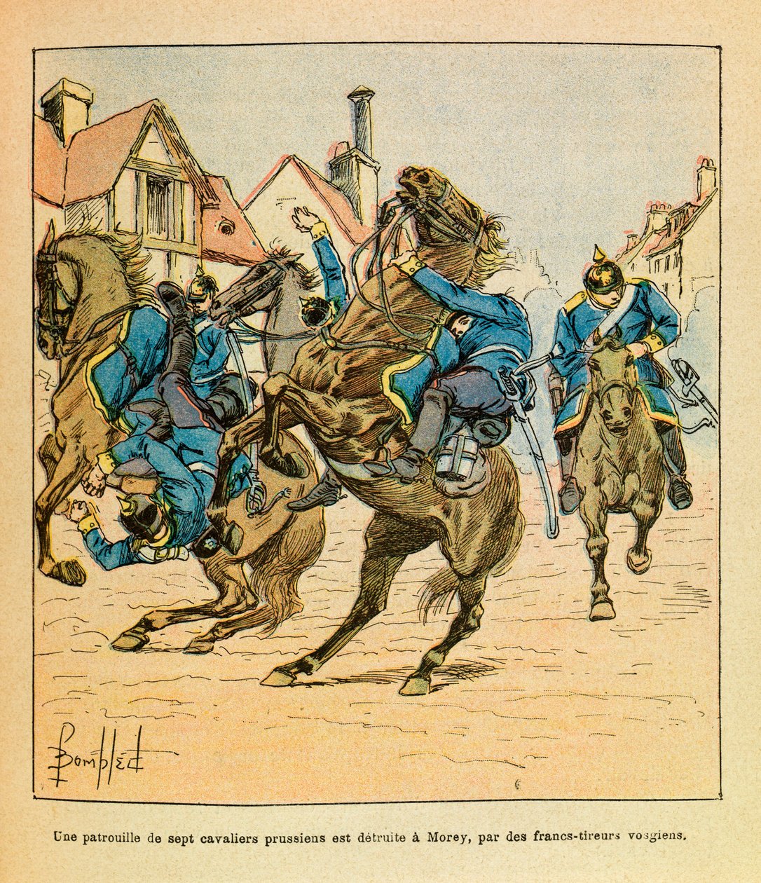 The Eastern Armee of Eugene Sergeant, dit Grenest, ilustrado por Louis Bombled (1862-1927) (Guerra Franco-Alemã; campanha de 1870-1871): Em dezembro de 1870, uma patrulha de sete cavaleiros prussianos foi destruída em Morey por franco-atiradores Vosgianos, de Louis Charles Bombled