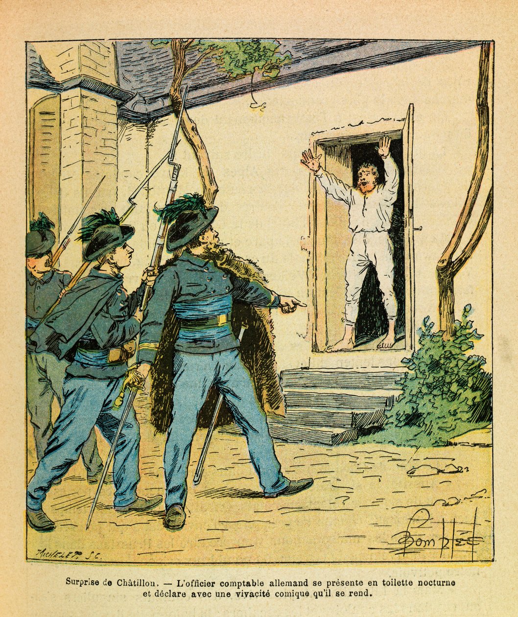A Armee Oriental do Sargento Eugene, dit Grenest, ilustrada por Louis Bombled (1862-1927) (Guerra Franco-Alemã; campanha de 1870 -1871): Novembro de 1870, em Chatillon sur Seine, o capitão Michard capturou o contabilista alemão no hotel de la Cote d de Louis Charles Bombled
