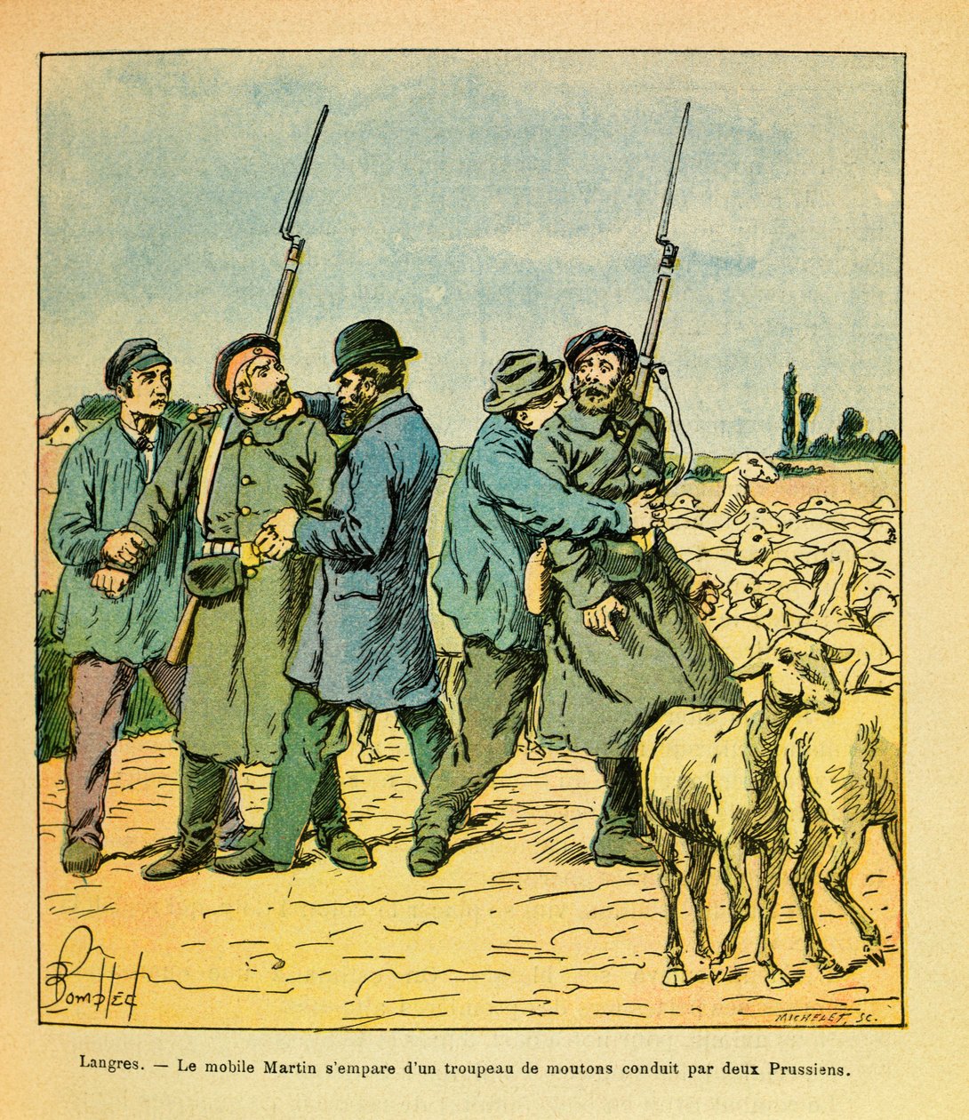 A Armee Oriental do Sargento Eugene, dit Grenest, ilustrada por Louis Bombled (1862-1927) (Guerra Franco-Alemã; campanha de 1870 -1871): O Martin móvel, disfarçado de camponês, apreendeu um rebanho de ovelhas conduzido por dois prussianos a Langres em nove de Louis Charles Bombled