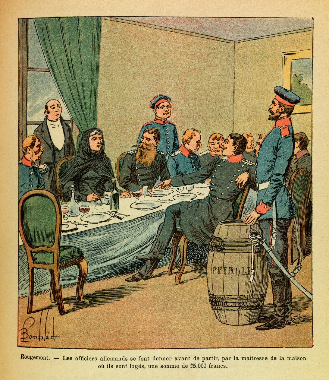 A Armee Oriental do Sargento Eugene, dit Grenest, ilustrada por Louis Bombled (1862-1927) (Guerra Franco-Alemã; campanha de 1870 -1871): Em Rougemont, os oficiais alemães foram entregues antes de partirem, pela senhora da casa onde estão alojados, uma soma de Louis Charles Bombled