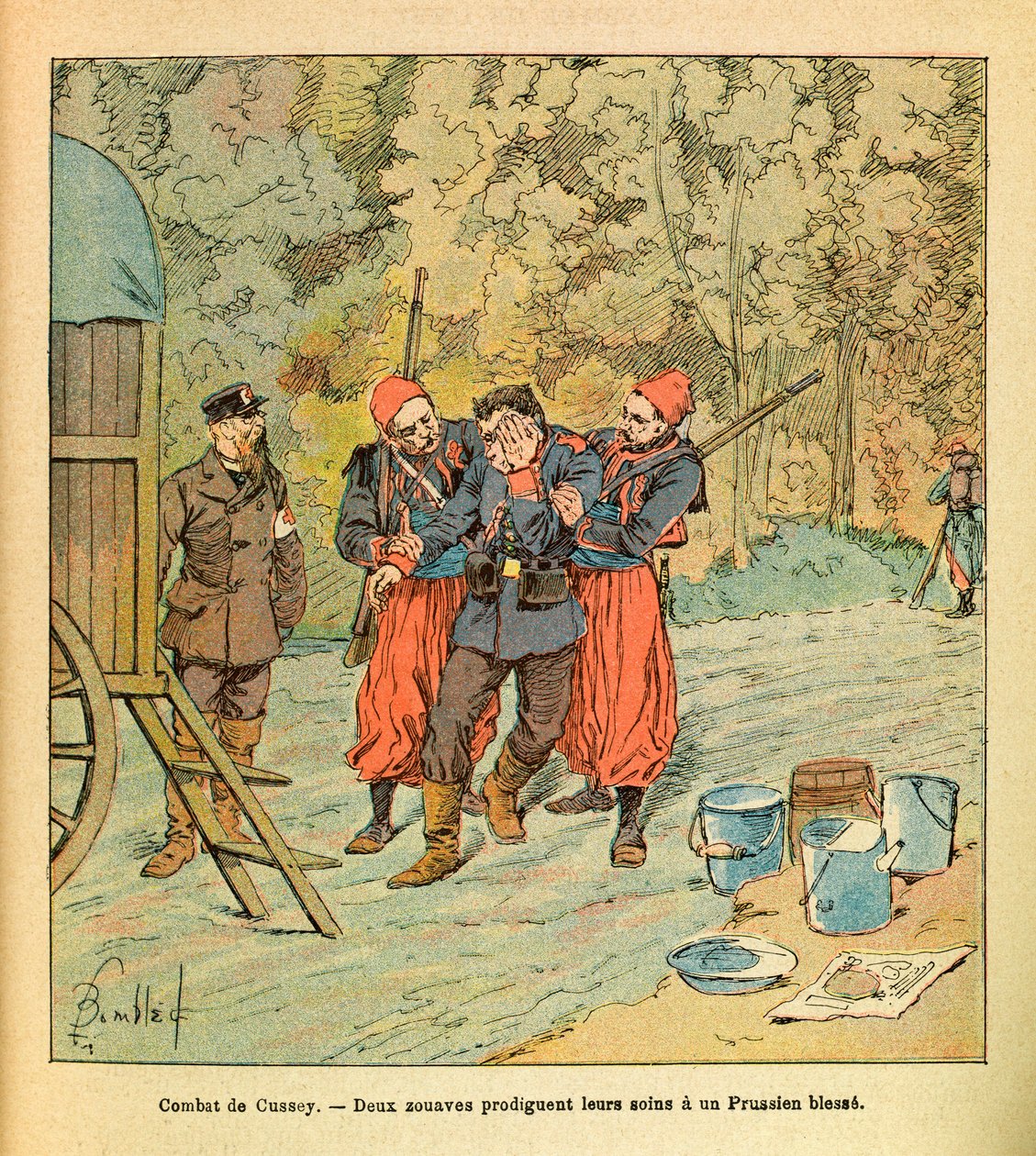 A Armee Oriental do Sargento Eugene, dit Grenest, ilustrada por Louis Bombled (1862-1927) (Guerra Franco-Alemã; campanha de 1870 -1871): Batalha de Cussey, outubro de 1870, dois Zouaves prestam cuidados a um prussiano ferido, Coleção Parcial de Louis Charles Bombled
