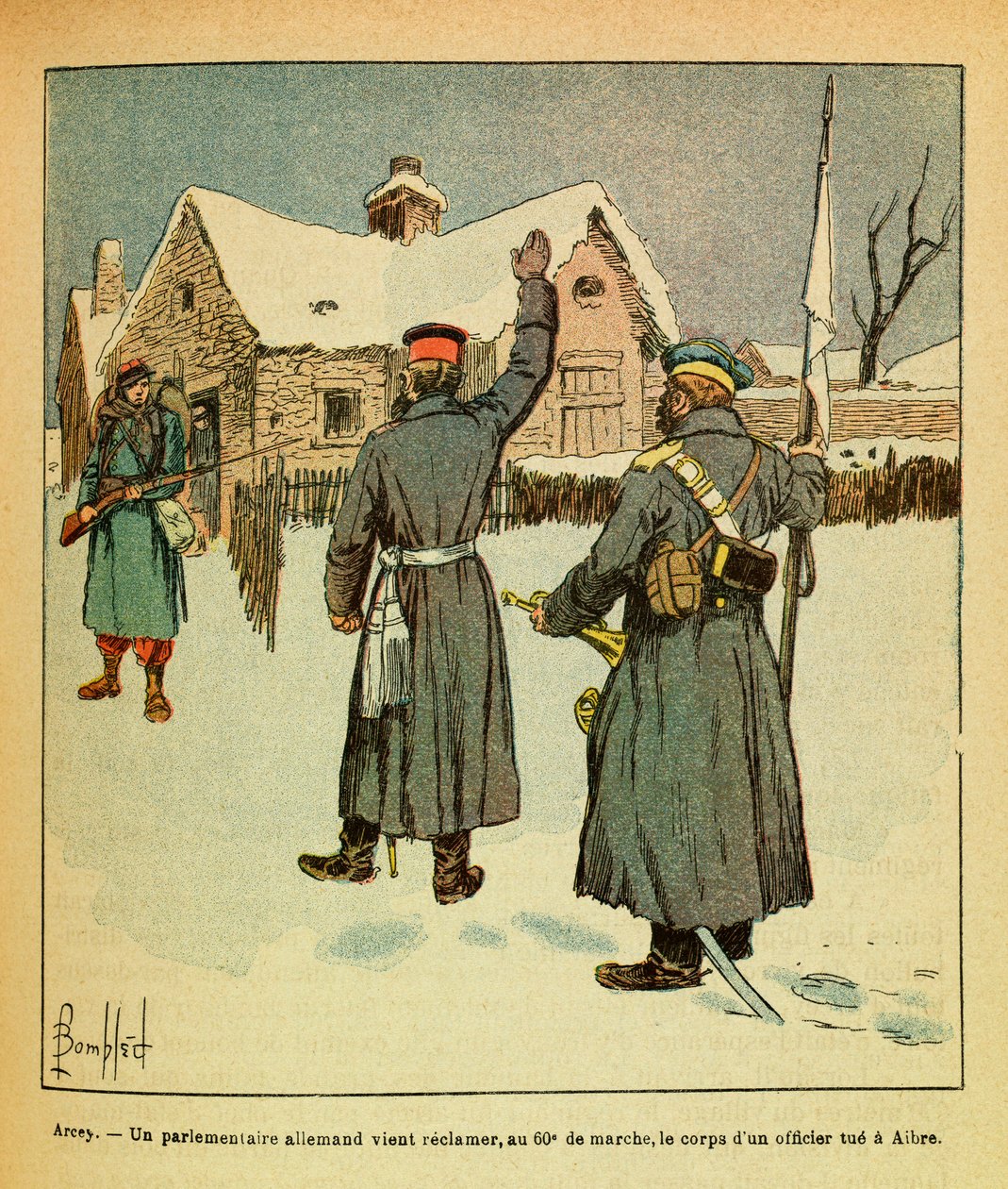 A Armee Oriental do Sargento Eugene, dit Grenest, ilustrada por Louis Bombled (1862-1927) (Guerra Franco-Alemã; campanha de 1870 -1871): Janeiro de 1871-Arcey, um parlamentar alemão vem reclamar, na 60ª marcha, o corpo de um oficial que mata em Aibre de Louis Charles Bombled