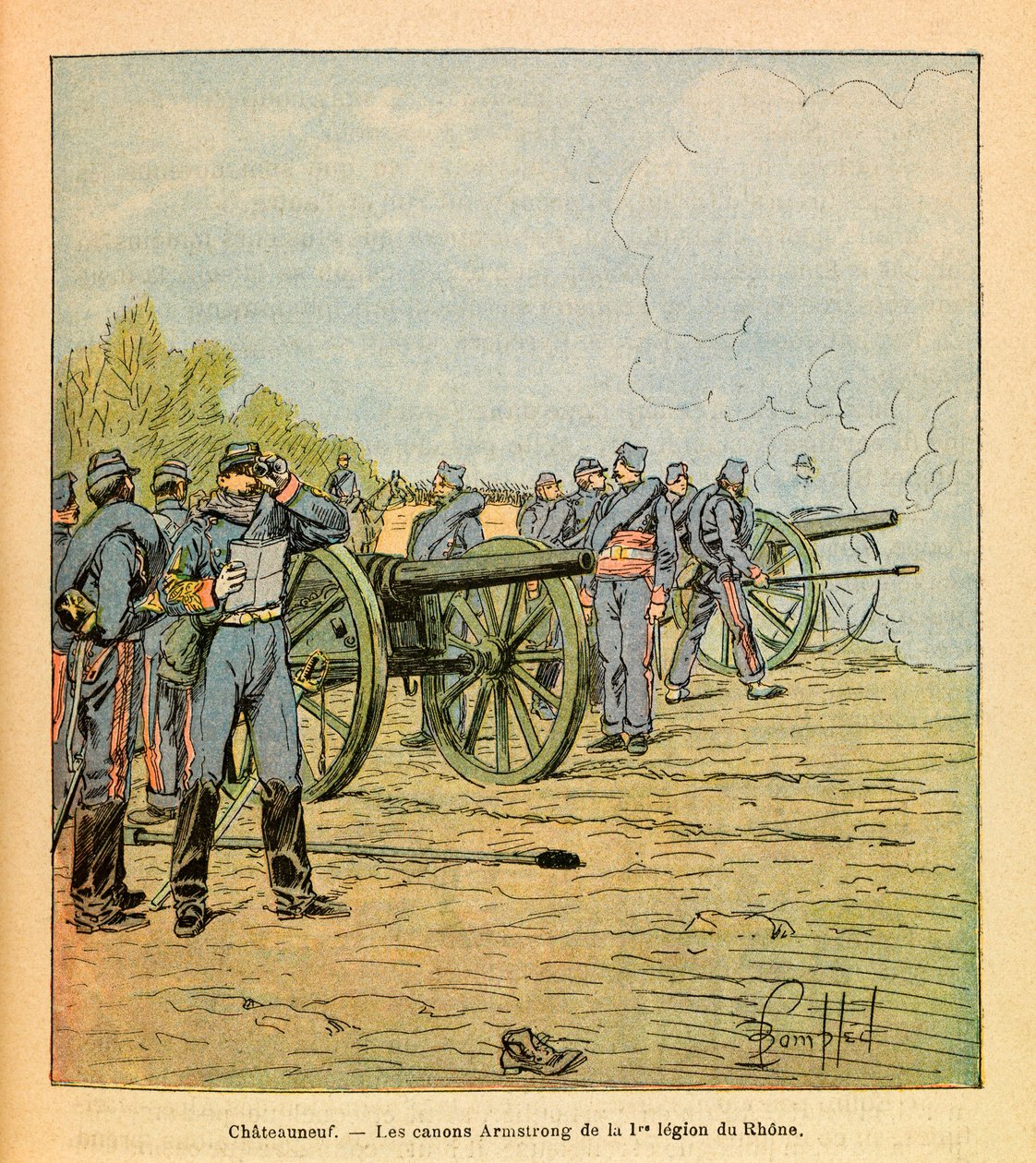 A Armee Oriental do Sargento Eugene, dit Grenest, ilustrada por Louis Bombled (1862-1927) (Guerra Franco-Alemã; campanha de 1870 -1871): Em frente a Chateauneuf, os cânones Armstrong da Primeira Legião do Ródano em dezembro de 1870, Coleção Privada de Louis Charles Bombled