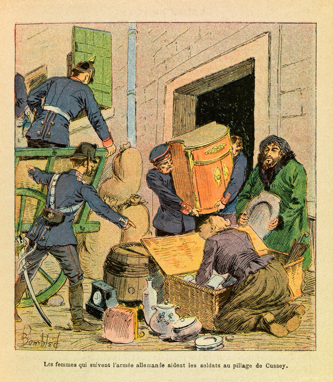 The Eastern Armee of Eugene Sergeant, dit Grenest, ilustrado por Louis Bombled (1862-1927) (Guerra Franco-Alemã; campanha de 1870-1871): As mulheres que seguem o exército alemão ajudaram os soldados a saquear a cidade de Cussey depois de esta ter sido toma de Louis Charles Bombled