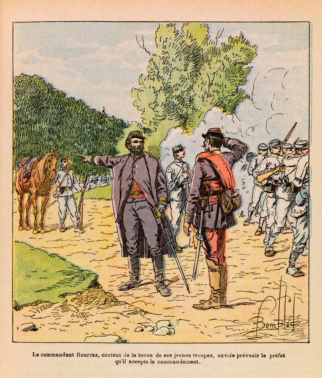 The Eastern Armee of Eugene Sergeant, dit Grenest, ilustrado por Louis Bombled (1862-1927) (Guerra Franco-Alemã; campanha de 1870-1871): Coronel Bourras durante os combates dos Brouvelieures em Outubro de 1870, Colecção Privada de Louis Charles Bombled