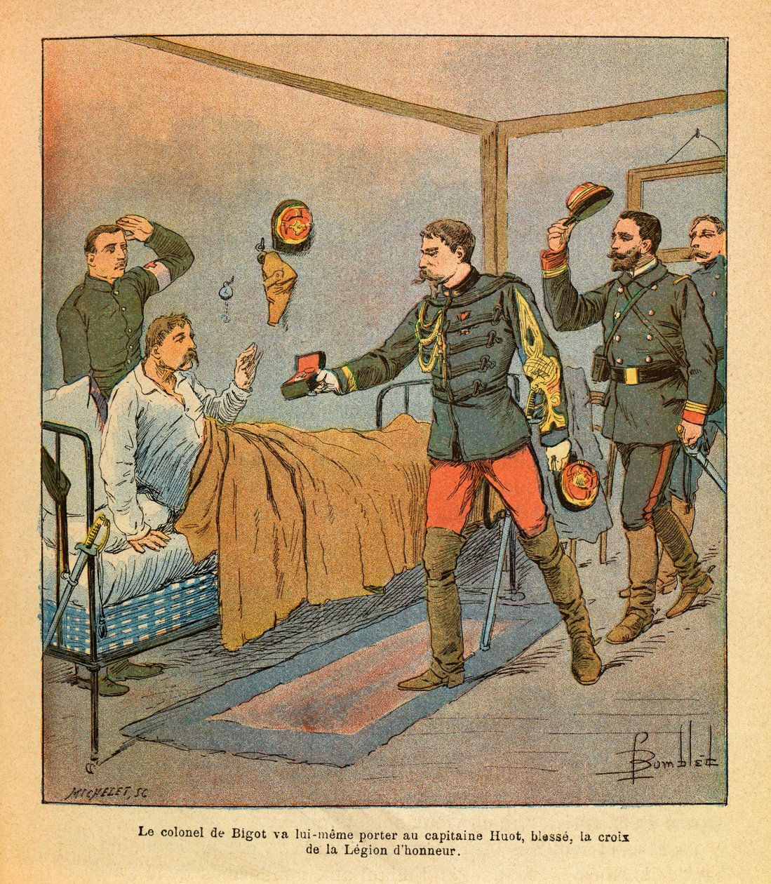 The Eastern Armee of Eugene Sergeant, dit Grenest, ilustrado por Louis Bombled (1862-1927) (Guerra Franco-Alemã; campanha de 1870-1871): O próprio Coronel De Bigot trouxe ao Capitão Huot a cruz da Legião de Honra após as batalhas de Voujeaucourt em de Louis Charles Bombled