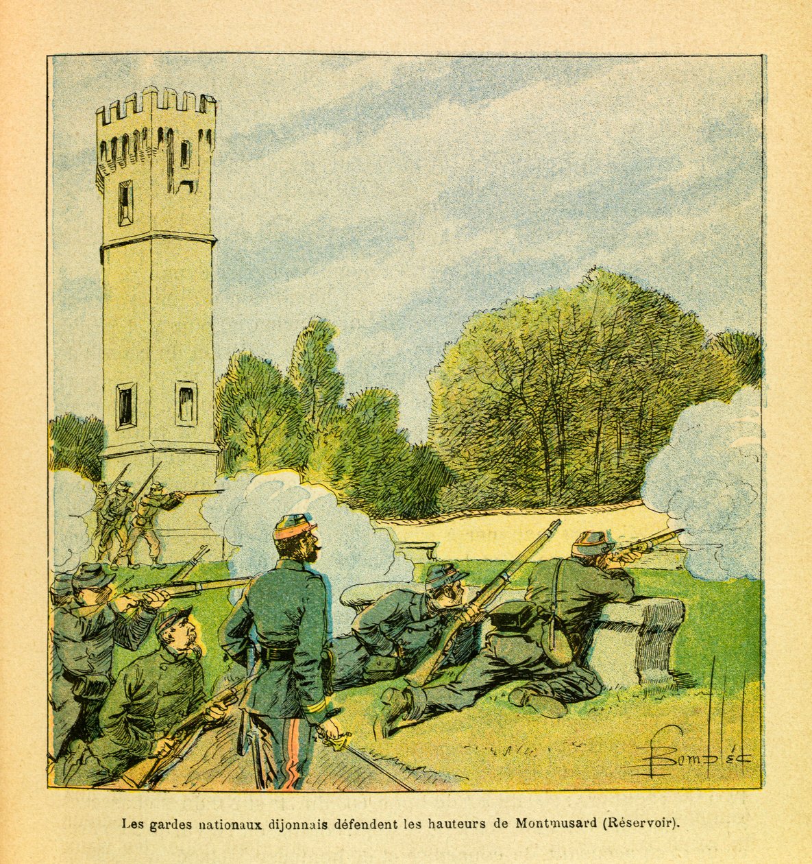 A Armee Oriental do Sargento Eugene, dit Grenest, ilustrada por Louis Bombled (1862-1927) (Guerra Franco-Alemã; campanha de 1870 -1871): Defesa de Dijon, em outubro de 1870, A Guarda Nacional de Dijonnais defende as alturas de Montmusard, Coleção Privada de Louis Charles Bombled