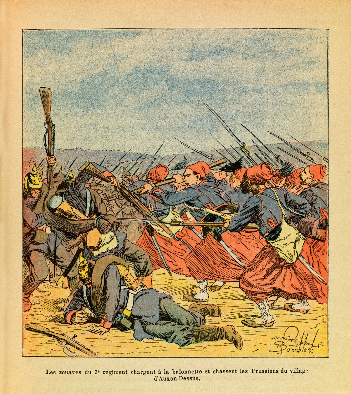 The Eastern Armee of Eugene Sergeant, dit Grenest, ilustrado por Louis Bombled (1862-1927) (Guerra Franco-Alemã; campanha de 1870-1871): Os Zouaves do 3º Regimento carregam um baionete e expulsam os prussianos da aldeia de Auxon-Dessus durante a de Louis Charles Bombled