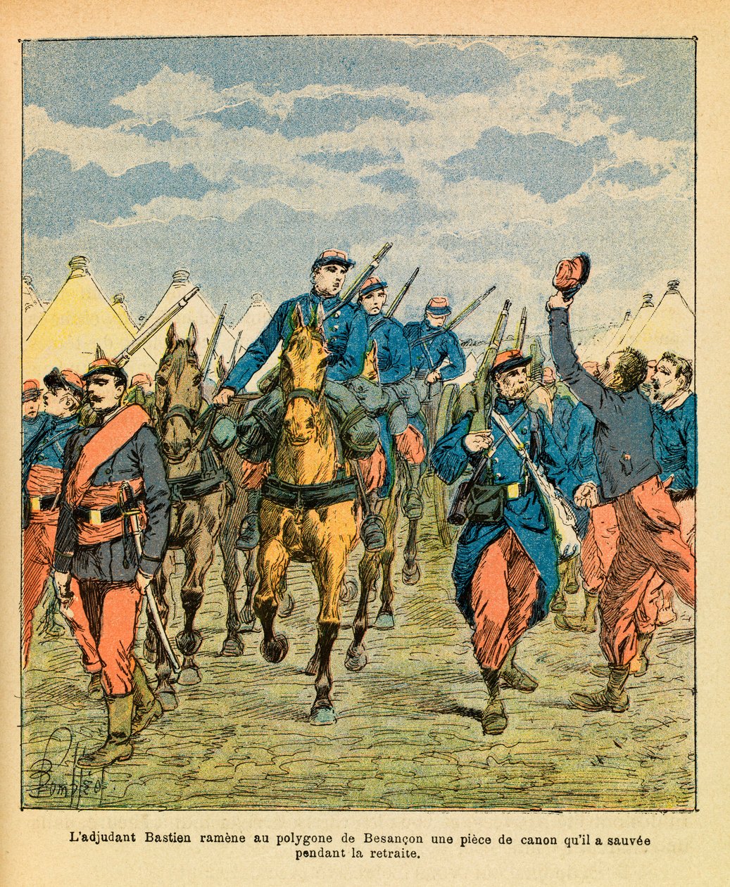 A Armee Oriental do Sargento Eugene, dit Grenest, ilustrada por Louis Bombled (1862-1927) (Guerra Franco-Alemã; campanha de 1870 -1871): O oficial de guerra Bastien, da 32ª marcha, trouxe ao polígono Besancon uma peça de canhão que ele salvou duri. de Louis Charles Bombled