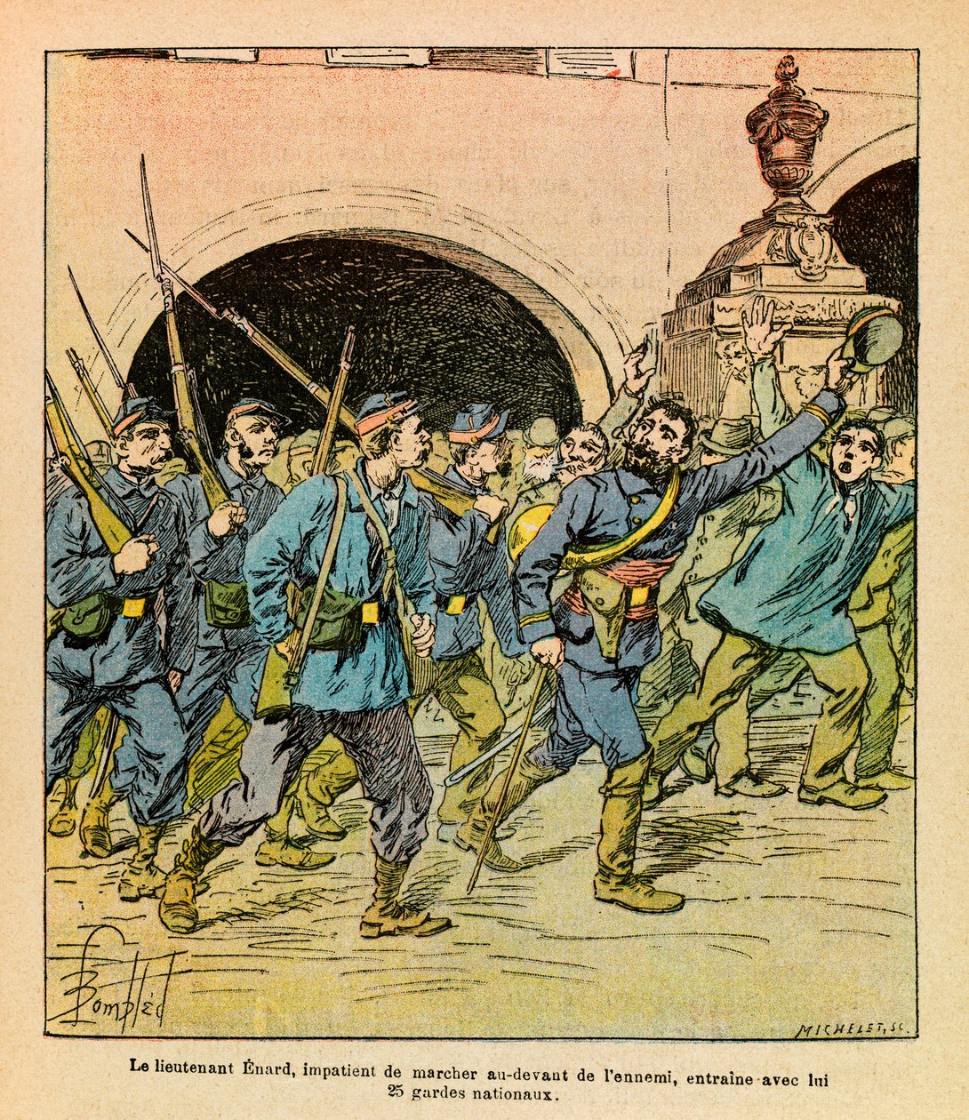 The Eastern Armee of Eugene Sergeant, dit Grenest, ilustrado por Louis Bombled (1862-1927) (Guerra Franco-Alemã; campanha 1870-1871): Durante os combates em Epinal, em outubro de 1870, o tenente Enard avidamente caminhava na frente do inimigo, liderando co de Louis Charles Bombled