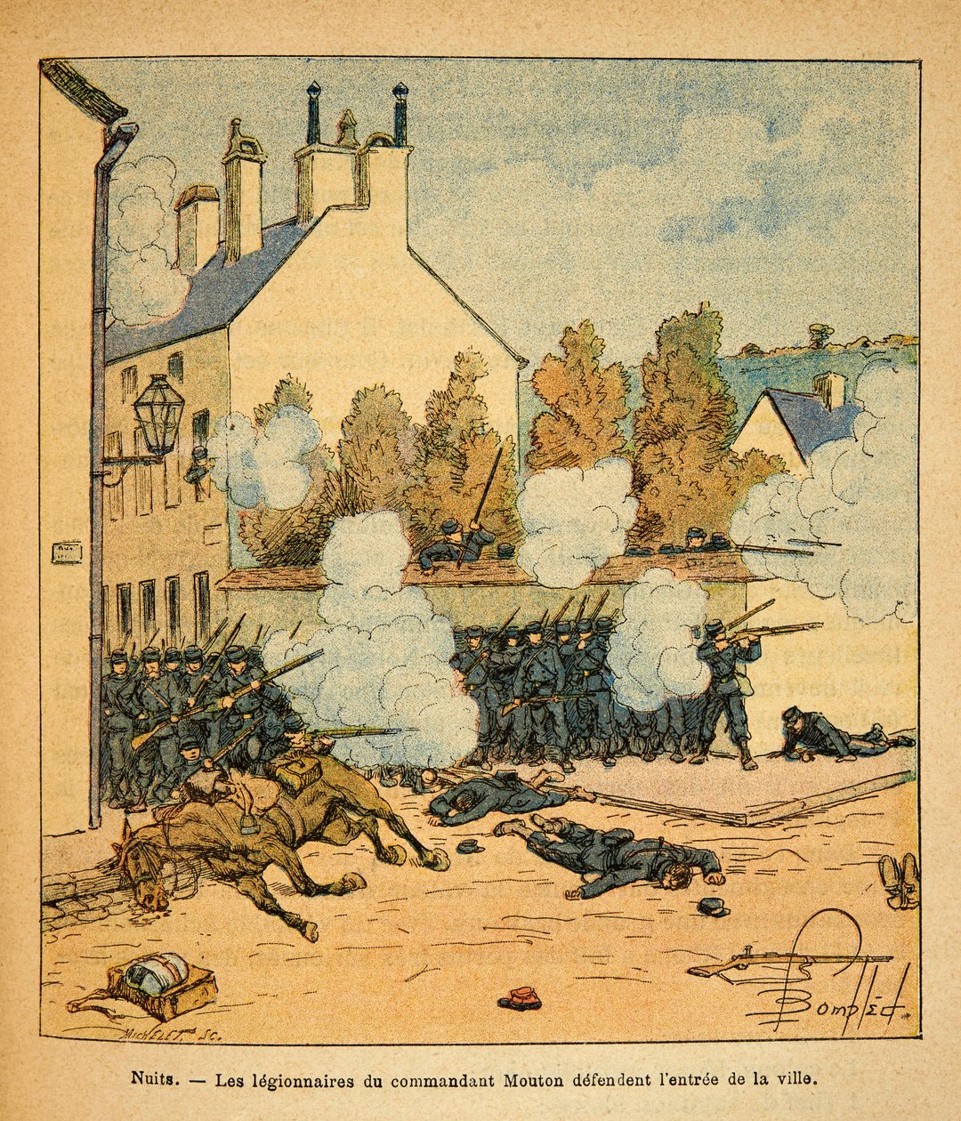 A Armee Oriental do Sargento Eugene, conhecida como Grenest, ilustrada por Louis Bombled (1862-1927) (Guerra Franco-Alemã; campanha de 1870 -1871): Batalha de Noites Saint Georges, os Legionários do Comandante Mouton defendem a entrada da cidade, o soldado de Louis Charles Bombled
