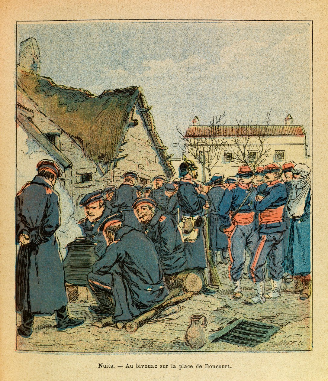 A Armee Oriental do Sargento Eugene, conhecida como Grenest, ilustrada por Louis Bombled (1862-1927) (Guerra Franco-Alemã; campanha de 1870 -1871): Batalha de Noites Saint Georges, bivouac alemão na Praça de Boncourt com prisioneiros franceses, Coleção Pri de Louis Charles Bombled