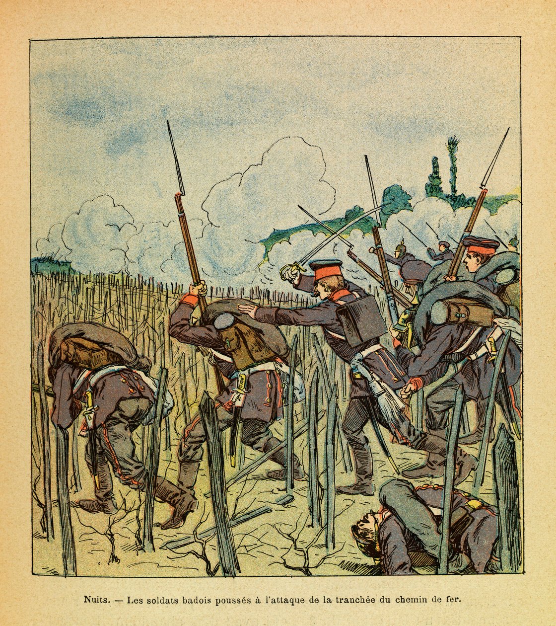 A Armee Oriental do Sargento Eugene, conhecida como Grenest, ilustrada por Louis Bombled (1862-1927) (Guerra Franco-Alemã; campanha de 1870 -1871): Batalha de Noites Saint Georges; soldados Badois atacaram o troço da ferrovia em dezembro de 1870, Colégio P de Louis Charles Bombled