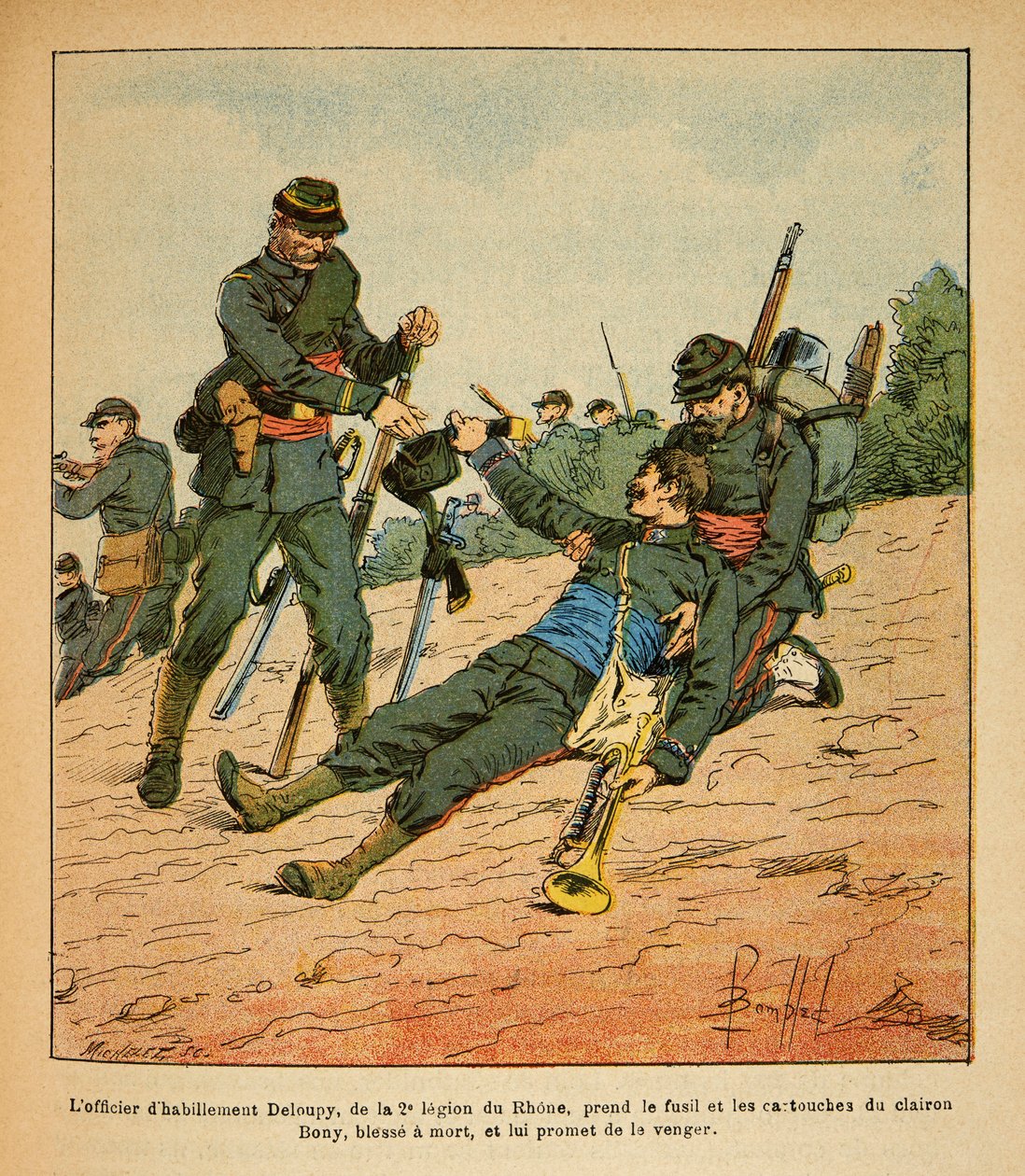 A Armee Oriental do Sargento Eugene, conhecida como Grenest, ilustrada por Louis Bombled (1862-1927) (Guerra Franco-Alemã; campanha de 1870 -1871): Batalha de Nuits Saint Georges, o oficial de vestuário Deloupy da 2ª Legião do Ródano leva a espingarda e o de Louis Charles Bombled