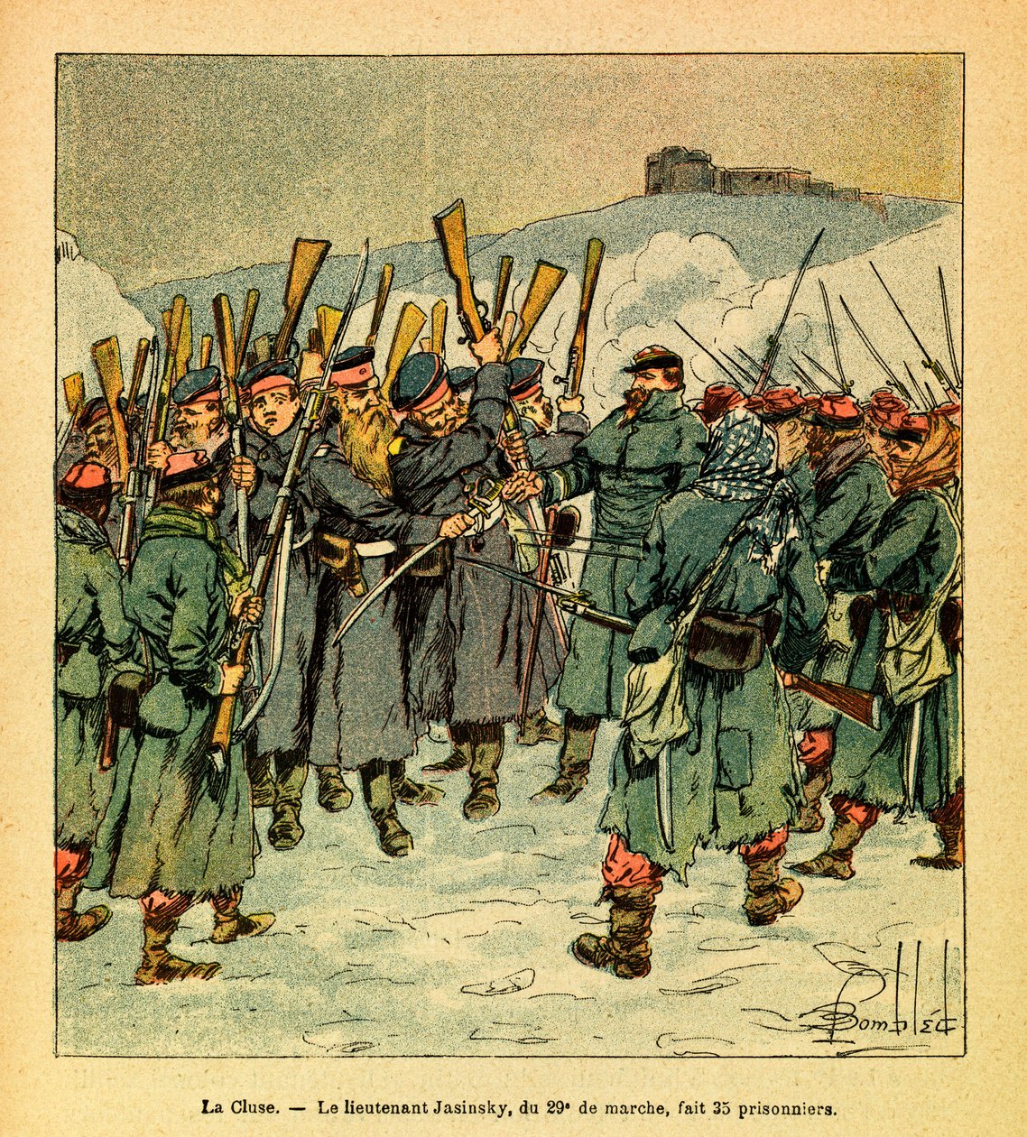 A Armee Oriental do Sargento Eugene, conhecida como Grenest, ilustrada por Louis Bombled (1862-1927) (Guerra Franco-Alemã; campanha de 1870 -1871): Fevereiro de 1871, durante as últimas lutas em La Cluse, o Tenente Jasinsky do dia 29, a marcha fez 35 prisi de Louis Charles Bombled