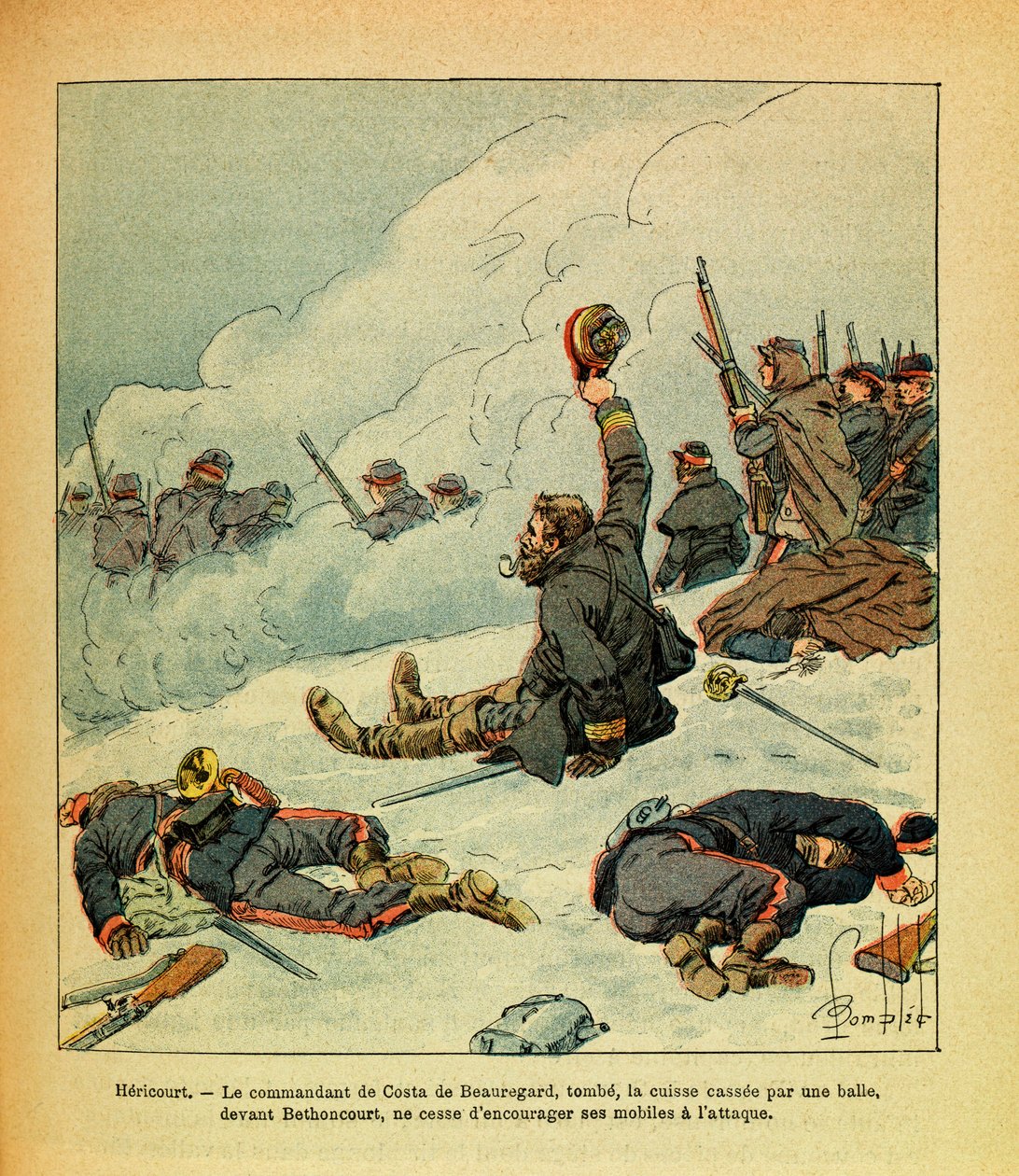 A Armee Oriental do Sargento Eugene, conhecida como Grenest, ilustrada por Louis Bombled (1862-1927) (Guerra Franco-Alemã; campanha de 1870 -1871): Janeiro de 1871, Hericourt, o comandante da Costa de Beauregard, cai de coxa com uma bala na frente de Bet de Louis Charles Bombled