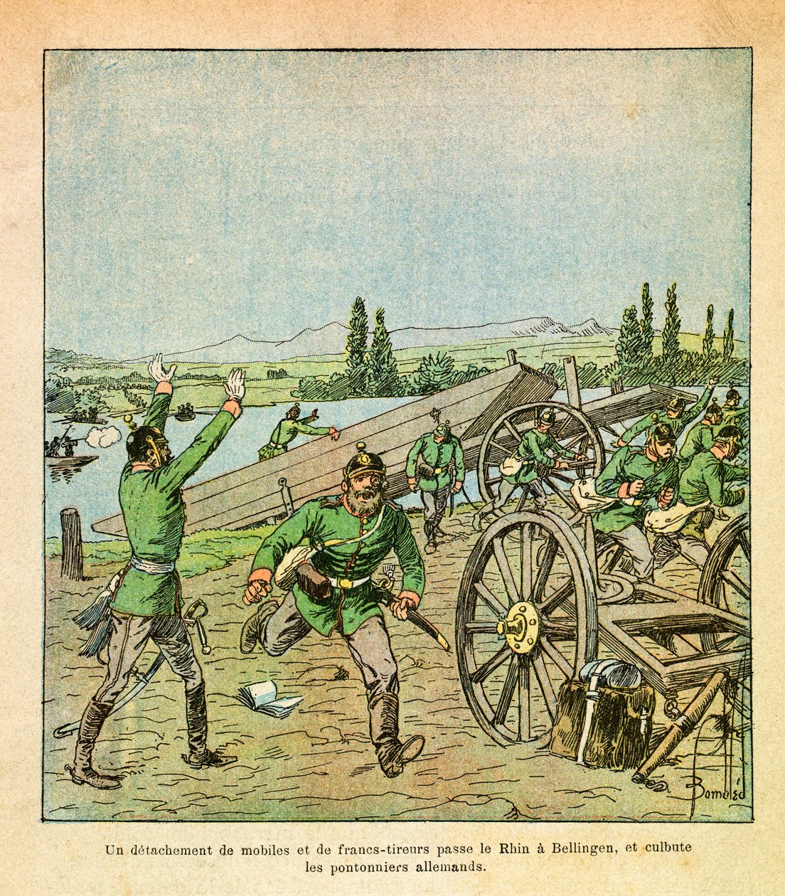 A Armee Oriental do Sargento Eugene, conhecida como Grenest, ilustrada por Louis Bombled (1862-1927) (Guerra Franco-Alemã; campanha de 1870-1871): Um destacamento de motivos franceses e franco-atiradores atravessou o Reno e balançou os trabalhadores da pon de Louis Charles Bombled