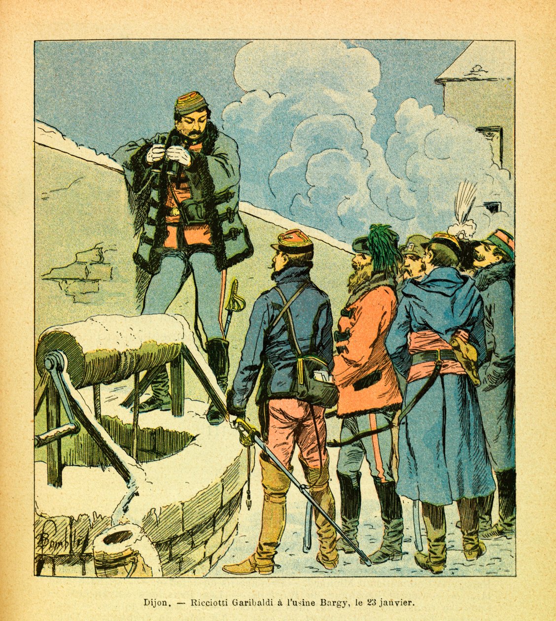 A Armee Oriental do Sargento Eugene, conhecida como Grenest, ilustrada por Louis Bombled (1862-1927) (Guerra Franco-Alemã; campanha de 1870-1871): Dijon, Ricciotti Garibaldi na fábrica Bargy, em 23 de janeiro de Louis Charles Bombled