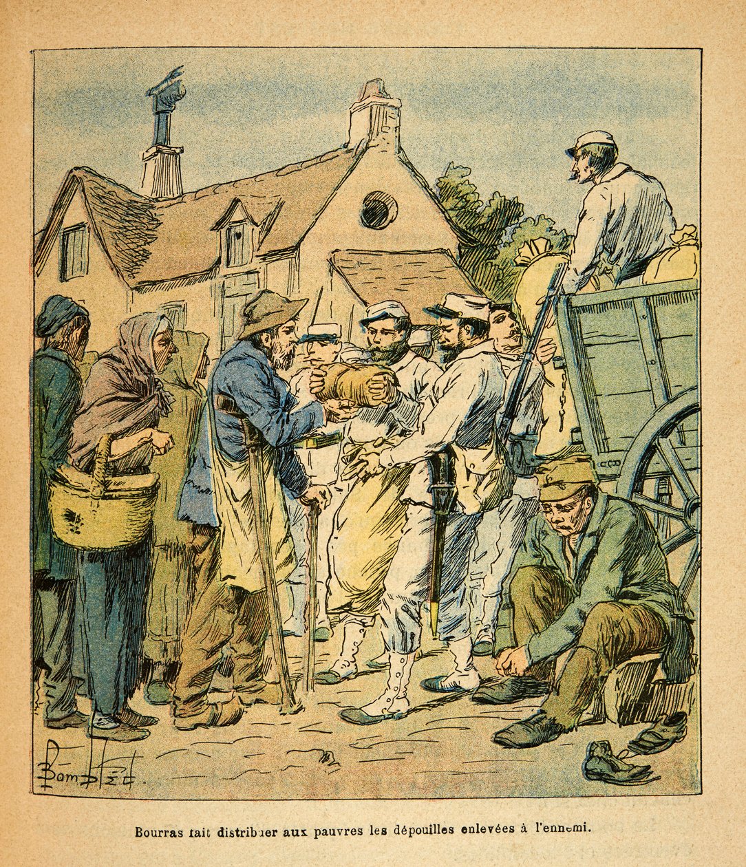 A Armee Oriental do Sargento Eugene, conhecida como Grenest, ilustrada por Louis Bombled (1862-1927) (Guerra Franco-Alemã; campanha de 1870-1871): Os motivos do Coronel Bourras distribuíram aos pobres os restos mortais tirados do inimigo, Coleção Particula de Louis Charles Bombled