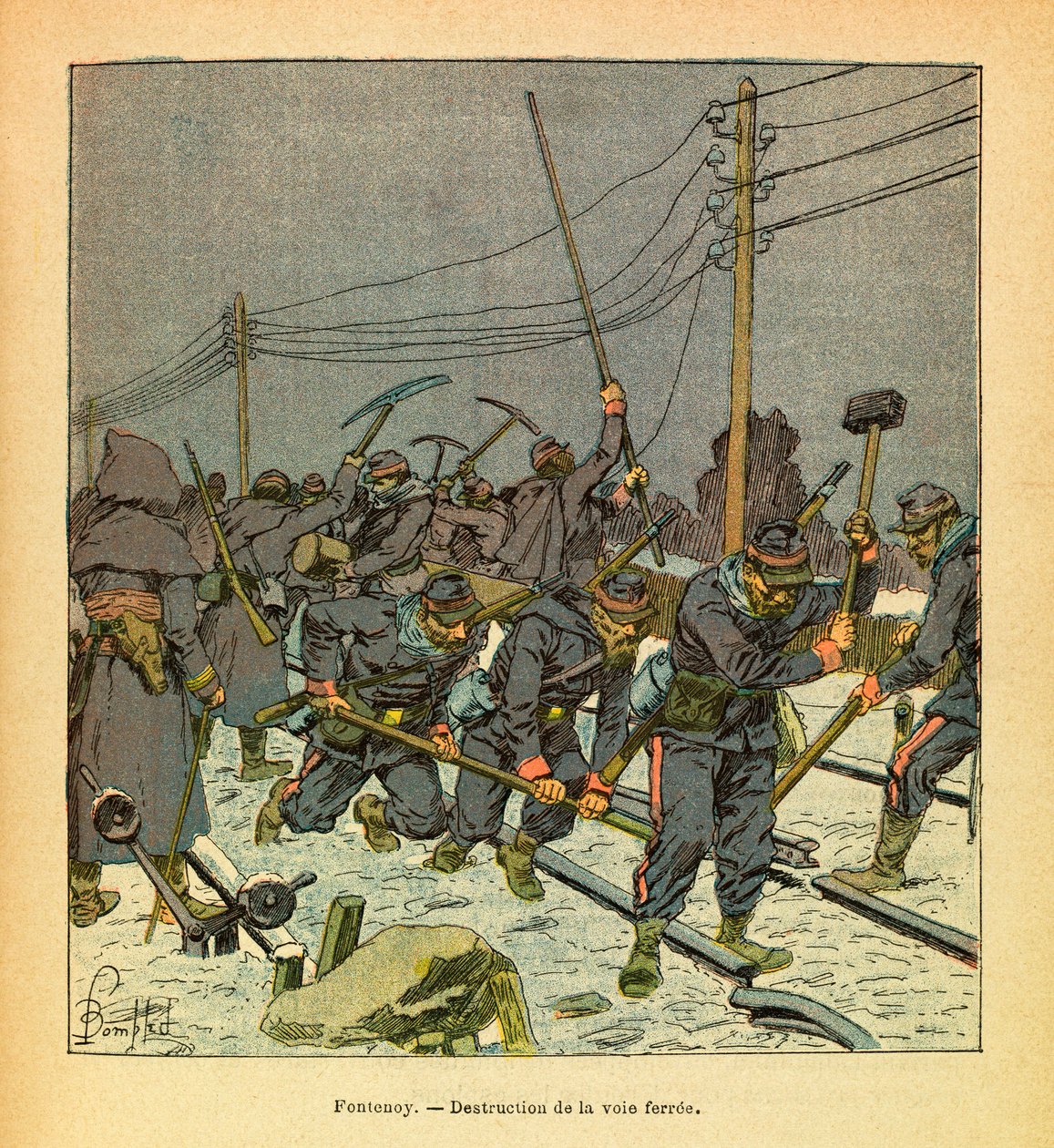 A Armee Oriental do Sargento Eugene, conhecida como Grenest, ilustrada por Louis Bombled (1862-1927) (Guerra Franco-Alemã; campanha de 1870 -1871): Fontenoy, destruição da estrada de ferro, Coleção Privada de Louis Charles Bombled
