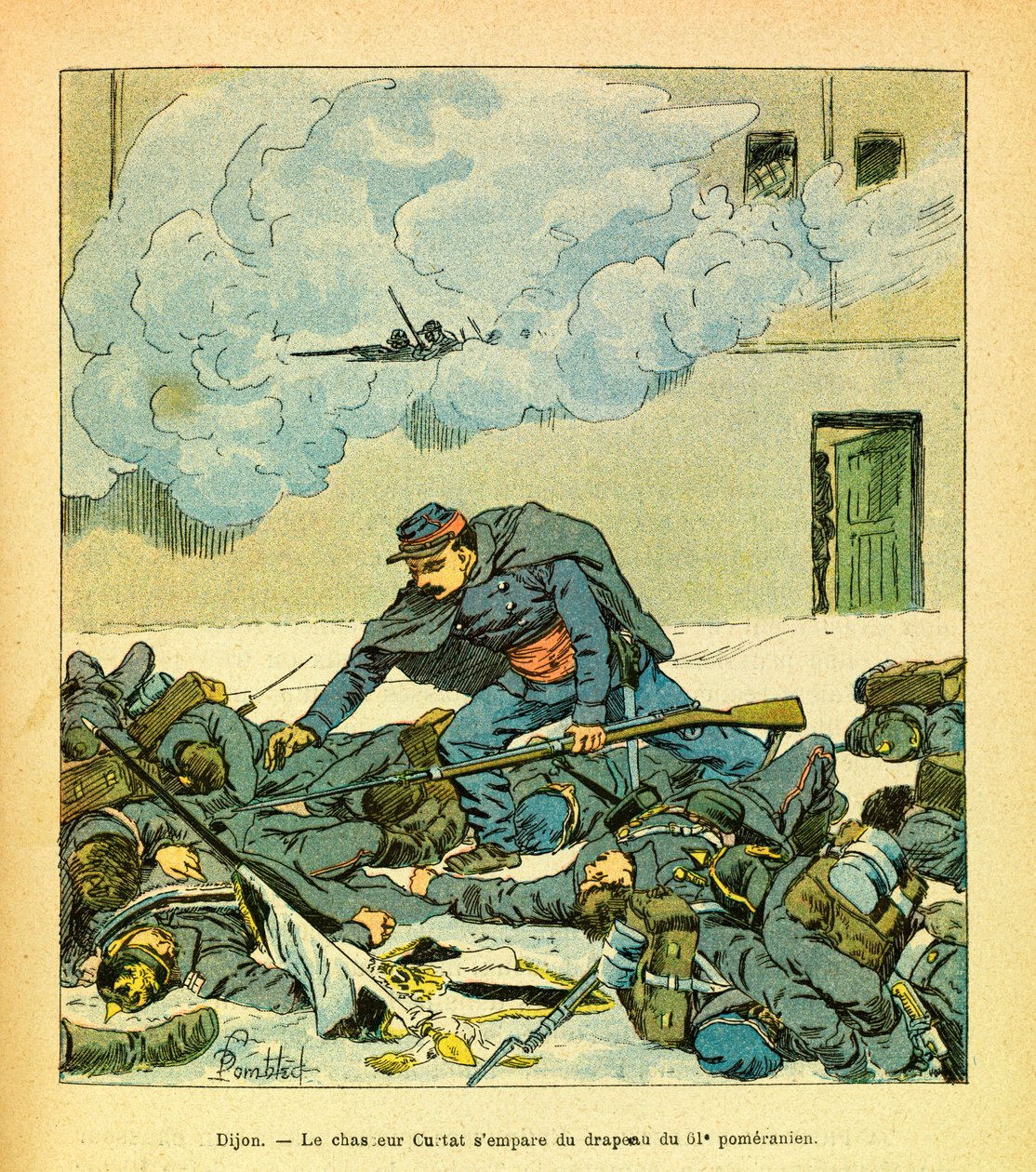 A Armee Oriental do Sargento Eugene, conhecida como Grenest, ilustrada por Louis Bombled (1862-1927) (Guerra Franco-Alemã; campanha de 1870 -1871): Dijon, janeiro de 1871, o caçador Victor Curtat apreendeu a bandeira de 61 Pomeranianos, Coleção Privada de Louis Charles Bombled