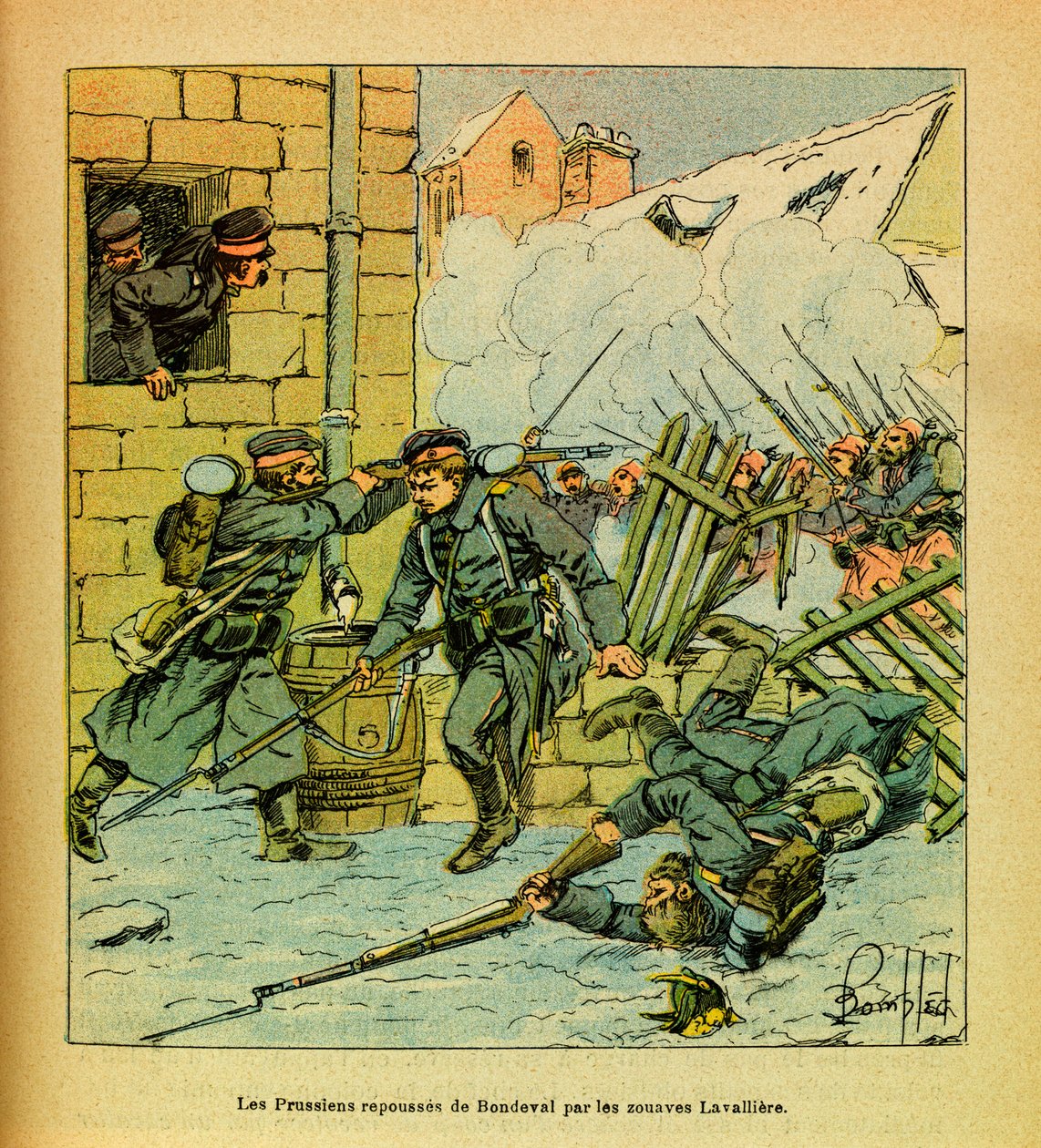 A Armee Oriental do Sargento Eugene, conhecida como Grenest, ilustrada por Louis Bombled (1862-1927) (Guerra Franco-Alemã; campanha de 1870 -1871): Janeiro de 1871, os Prussianos afastados da aldeia de Bondeval pelos Zouaves Lavalliere, Colecção Privada de Louis Charles Bombled